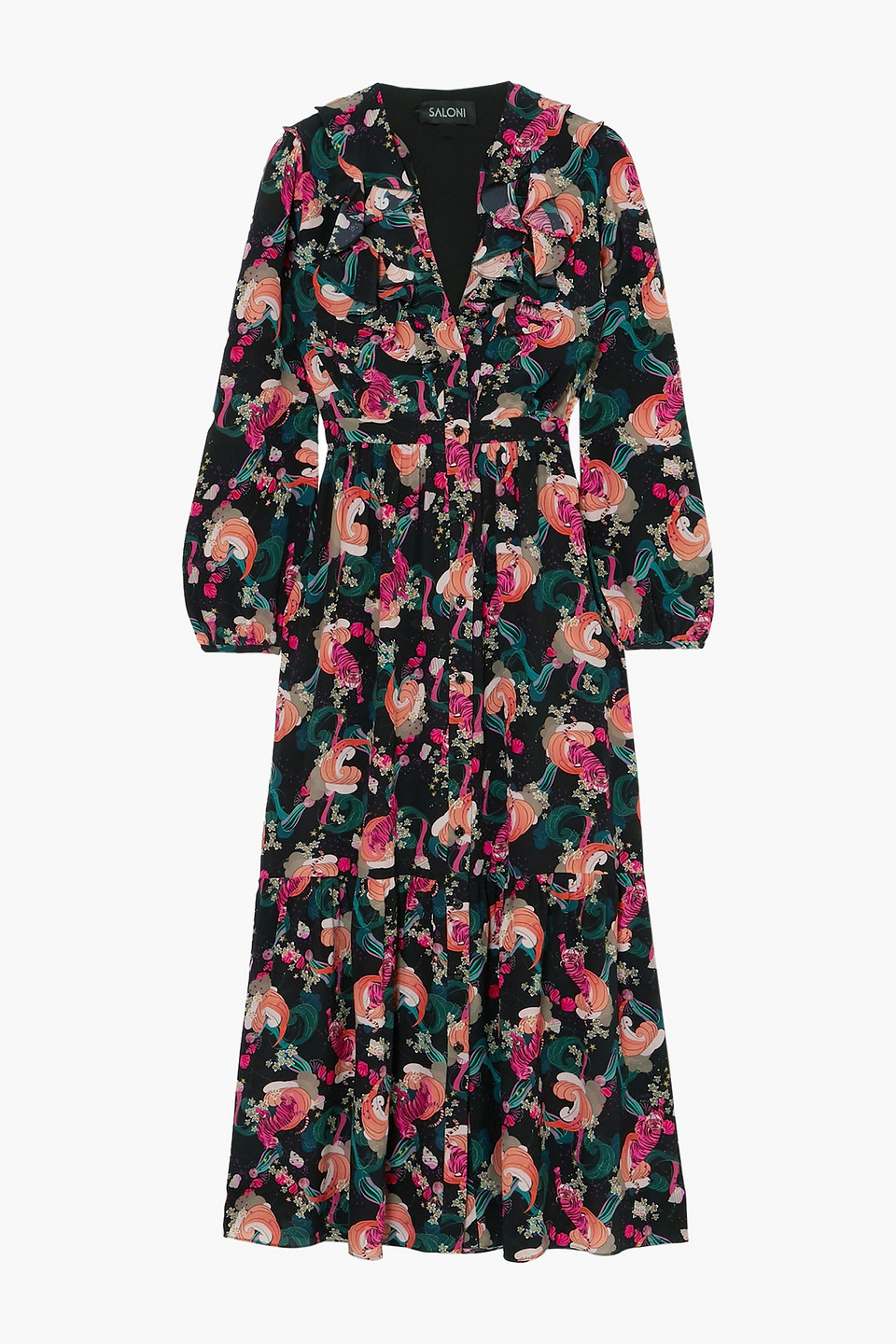 Venyx Ginny ruffled printed silk crepe de chine midi dress