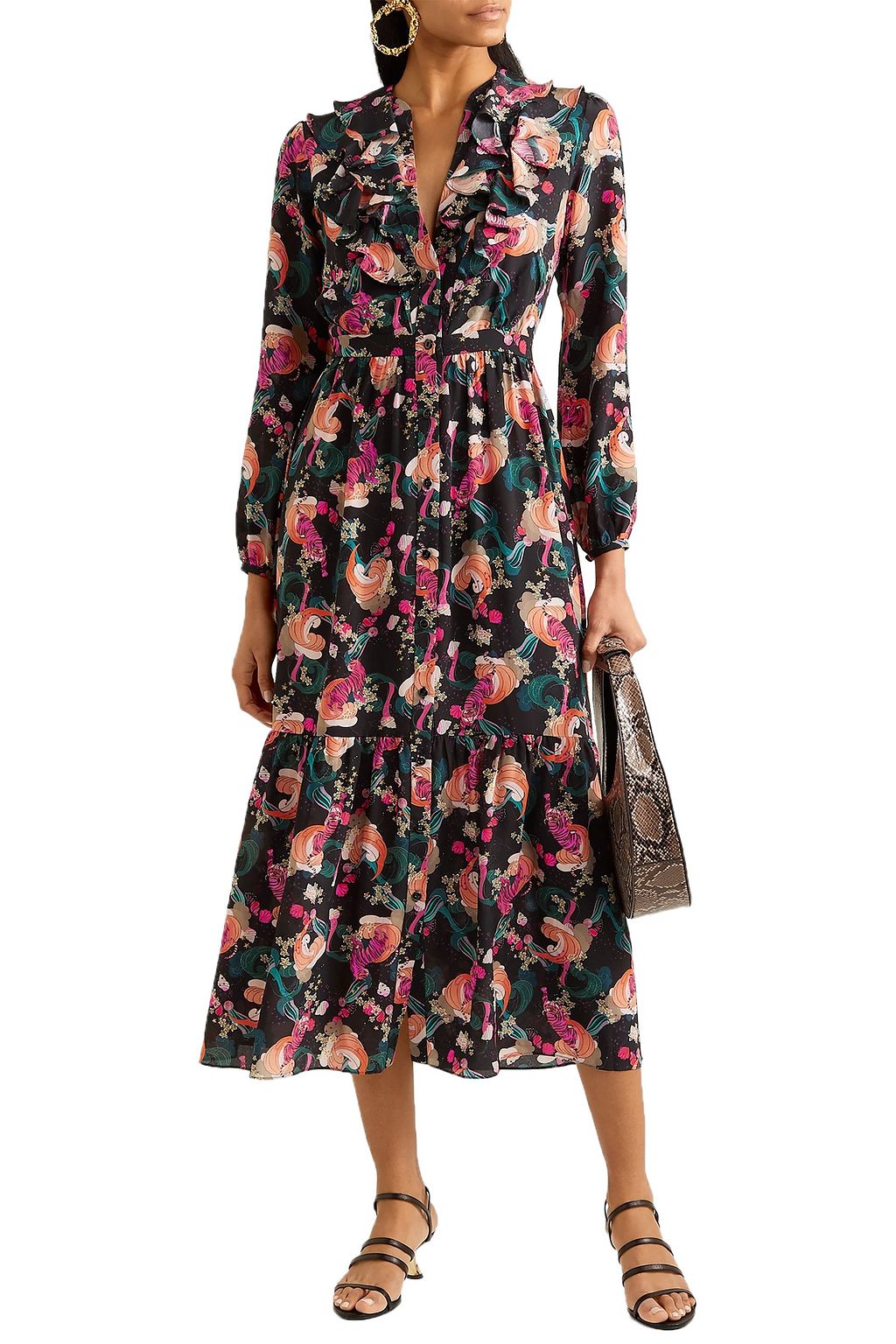 SALONI Tiered ruffled printed silk crepe de chine midi dress