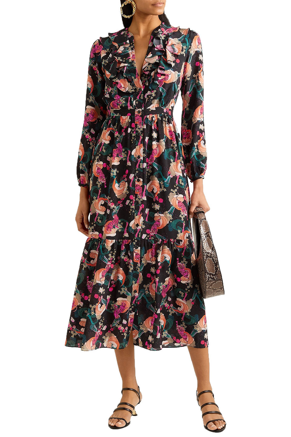 Saloni Tiered Ruffled Printed Silk Crepe De Chine Midi Dress In Black