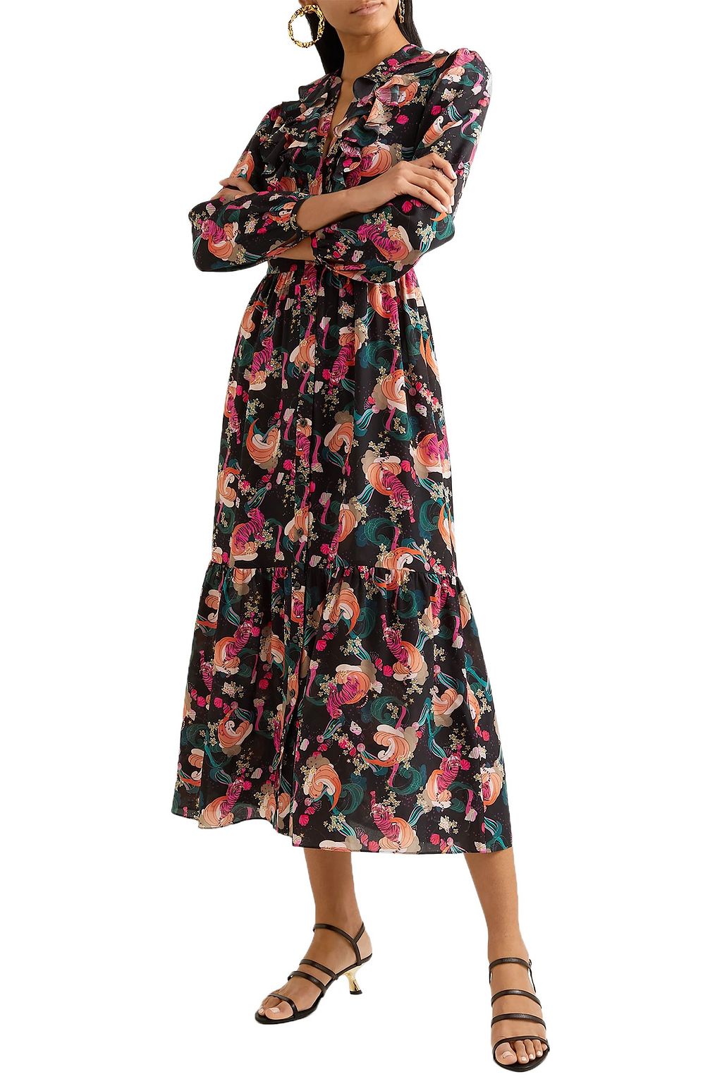 SALONI Tiered ruffled printed silk crepe de chine midi dress