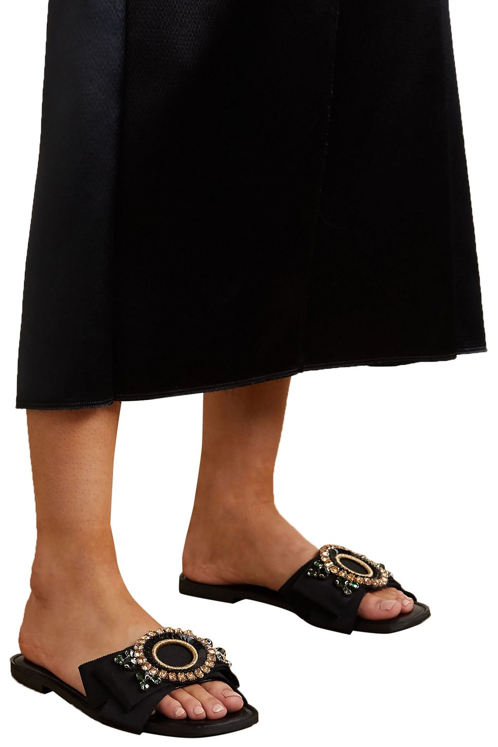 DRIES VAN NOTEN Embellished grosgrain and leather slides