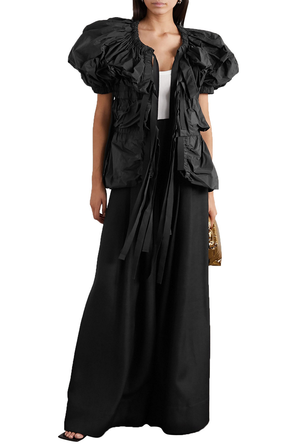 Dries Van Noten Tie-front Tiered Gathered Taffeta Blouse In Black