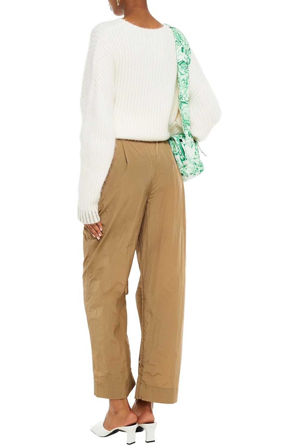 GANNI Belted pleated crinkled-taffeta wide-leg pants