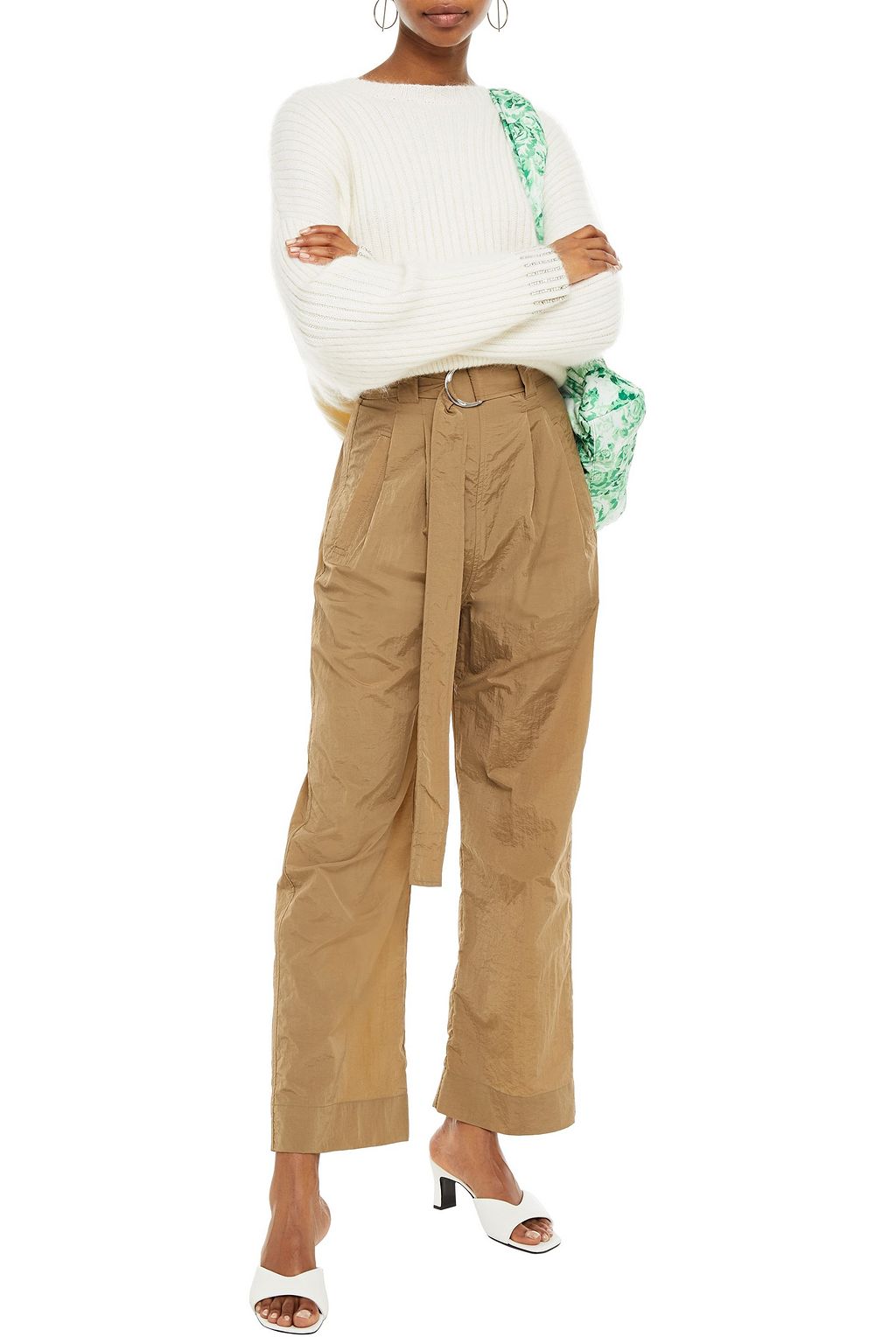 GANNI Belted pleated crinkled-taffeta wide-leg pants