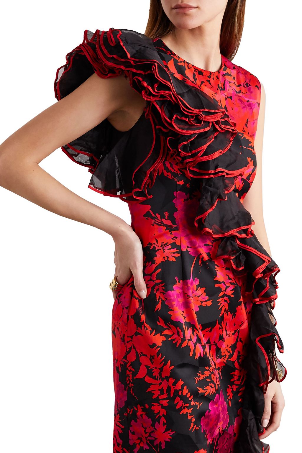 DRIES VAN NOTEN Ruffled organza-trimmed floral-print cotton-blend midi dress