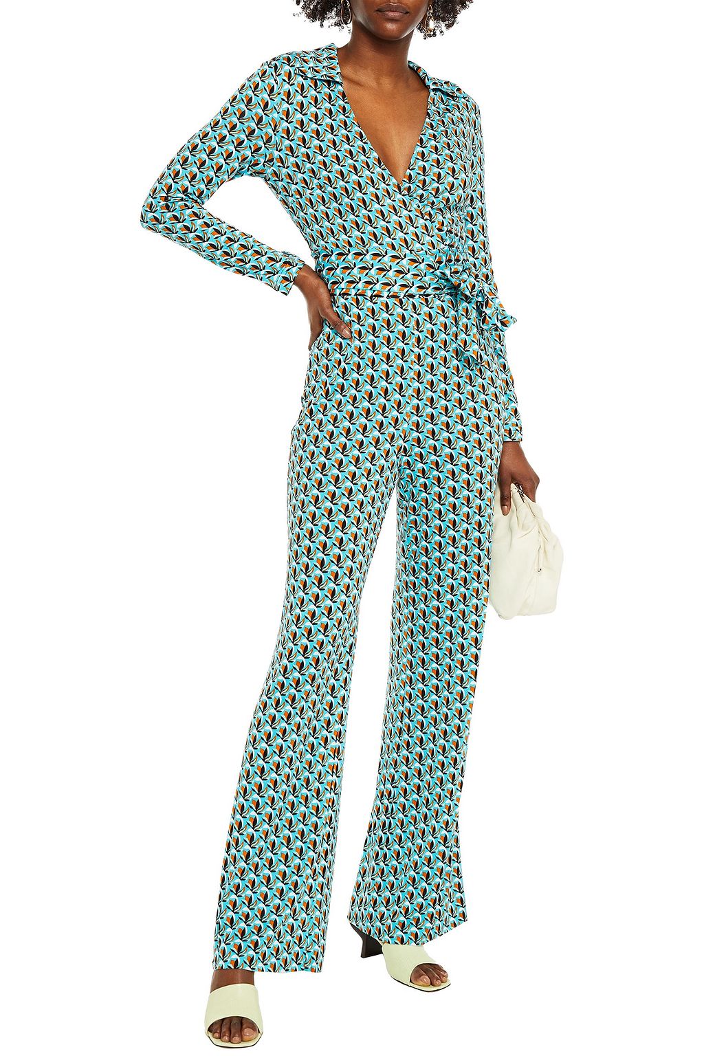 DIANE VON FURSTENBERG جمب سوت بتصميم ملتف من الجيرسي الحريري المطبّع برسومات
