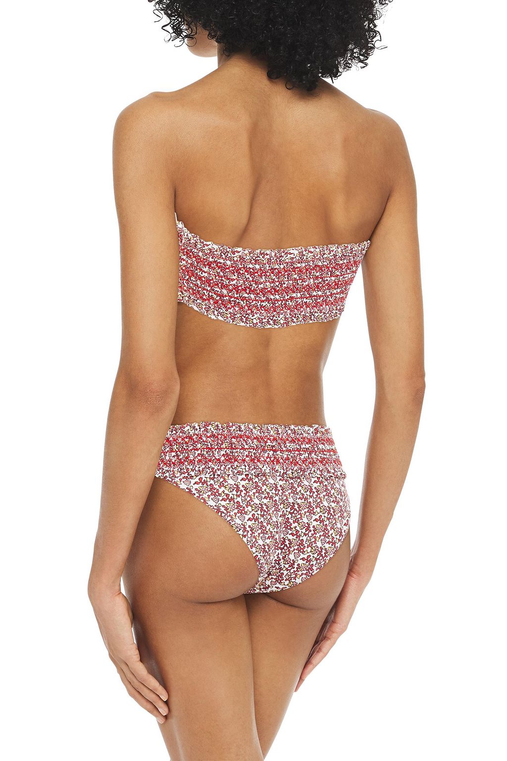 TORY BURCH Ruffle-trimmed shirred printed bandeau bikini top