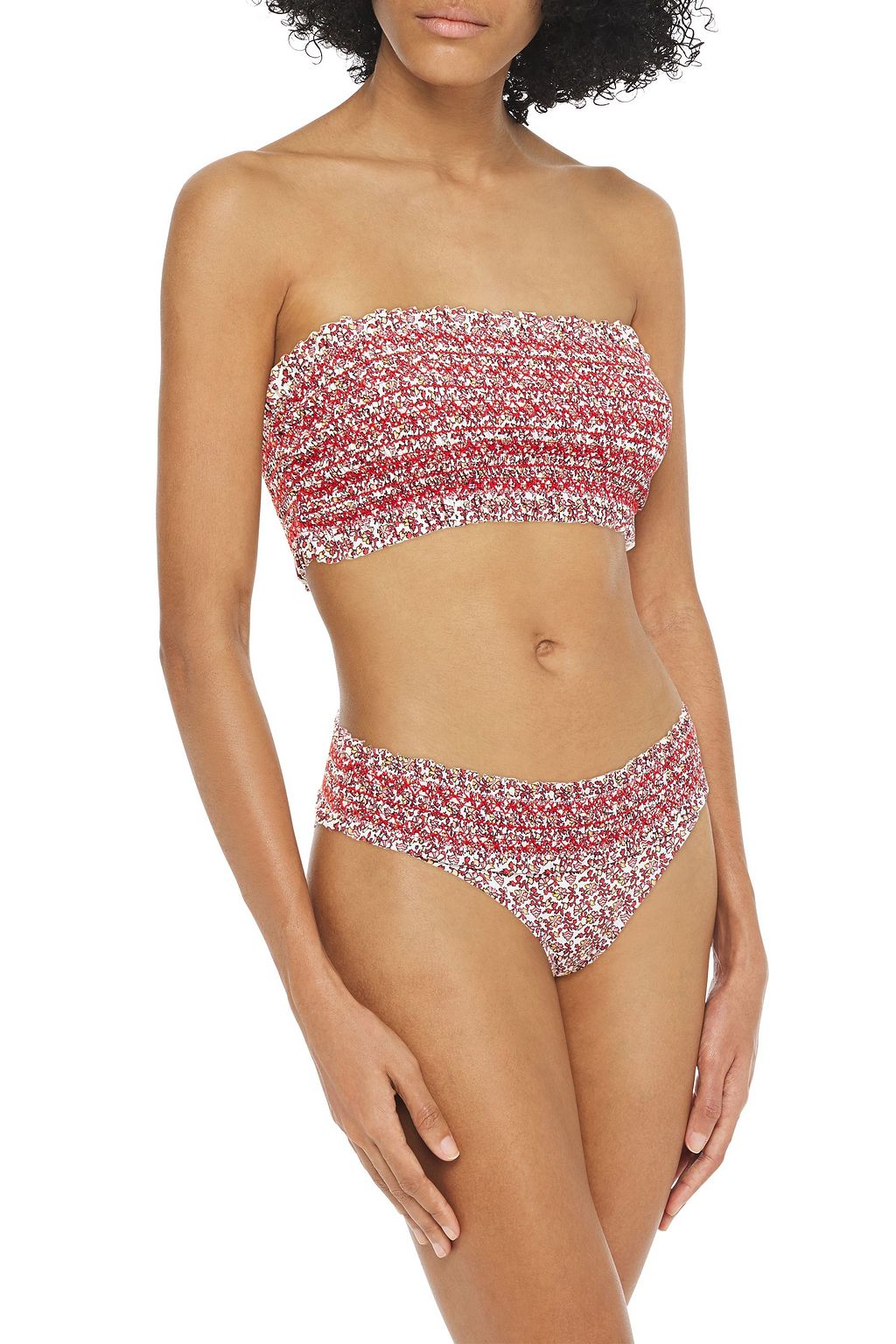 TORY BURCH Ruffle-trimmed shirred printed bandeau bikini top
