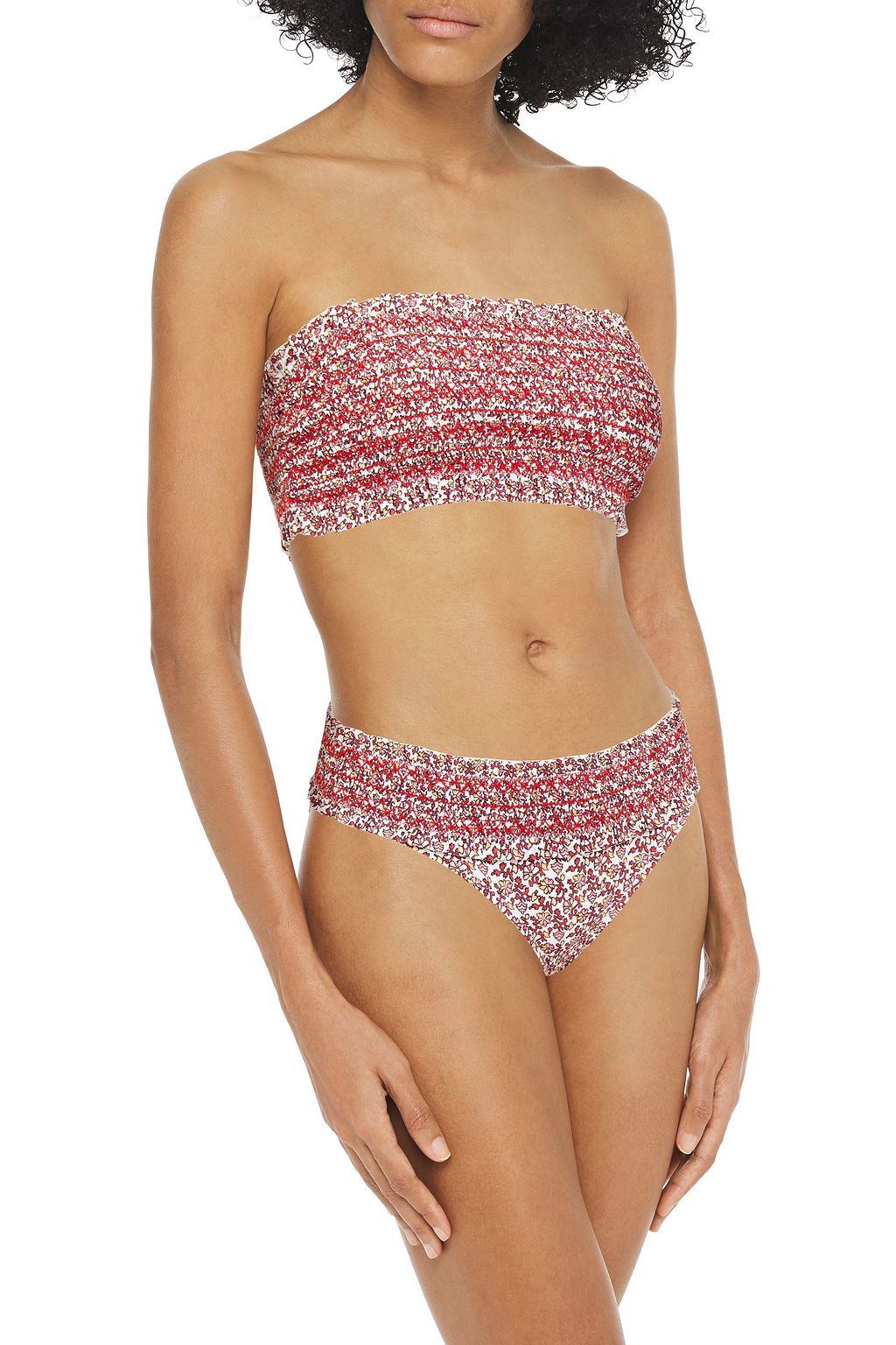 Red Ruffle-trimmed shirred printed mid-rise bikini briefs | TORY BURCH |  THE OUTNET