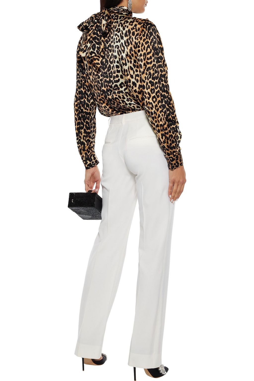 GANNI Tie-neck draped leopard-print stretch-silk satin blouse