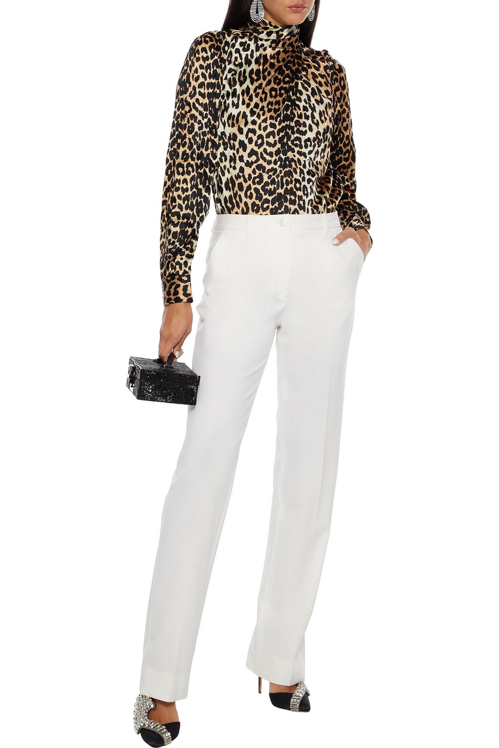 GANNI Tie-neck draped leopard-print stretch-silk satin blouse