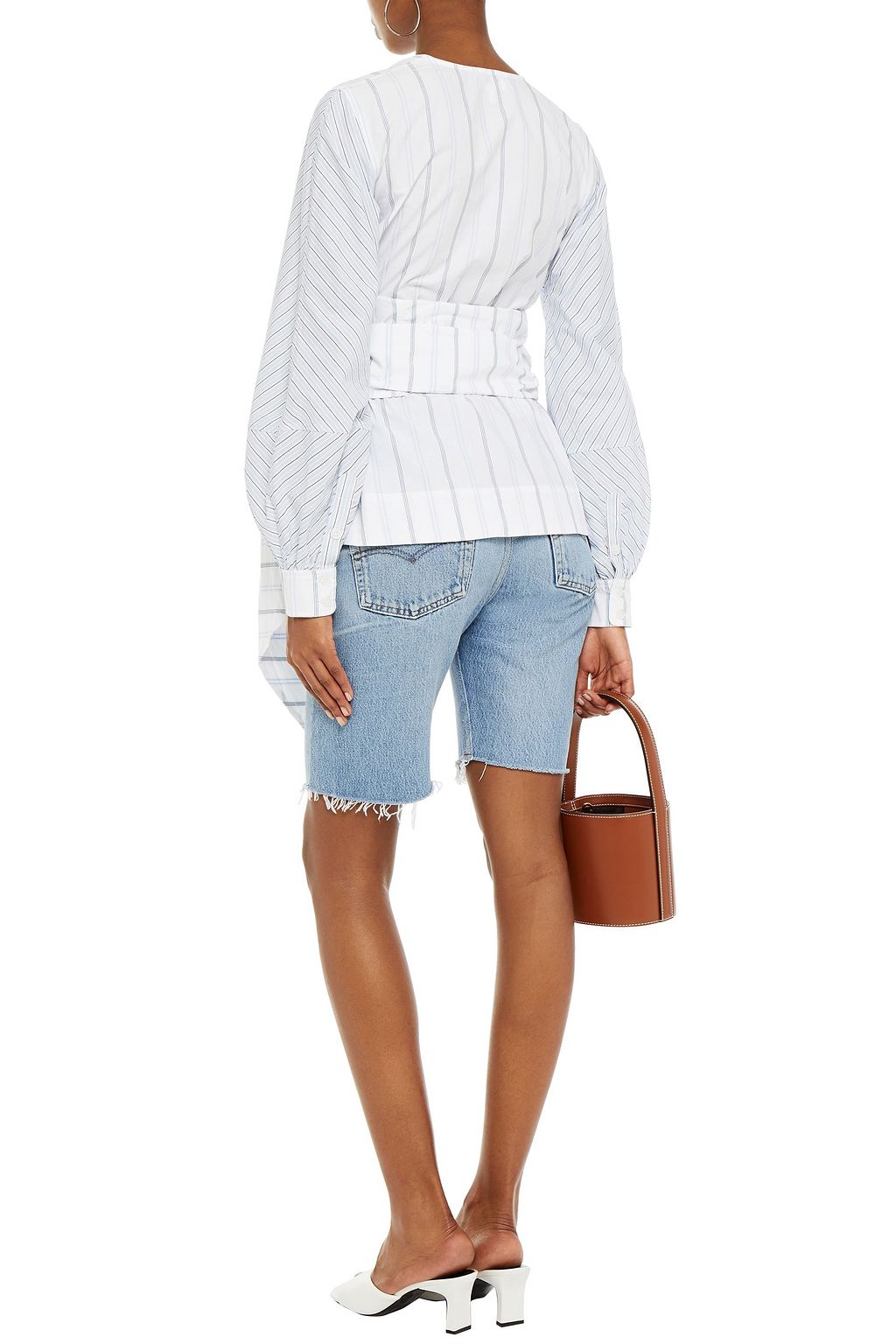 GANNI Paneled striped cotton-poplin wrap top