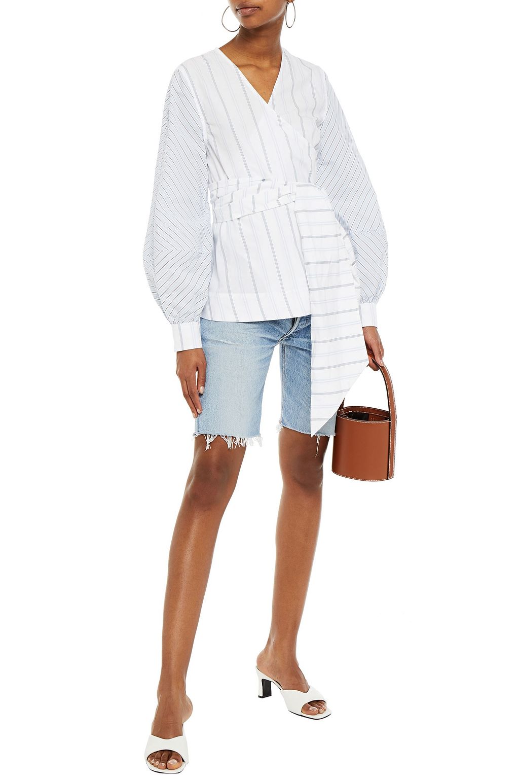 GANNI Paneled striped cotton-poplin wrap top