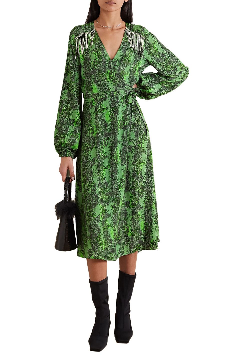 ROTATE BIRGER CHRISTENSEN Kira crystal-embellished snake-print crepe wrap dress | THE OUTNET