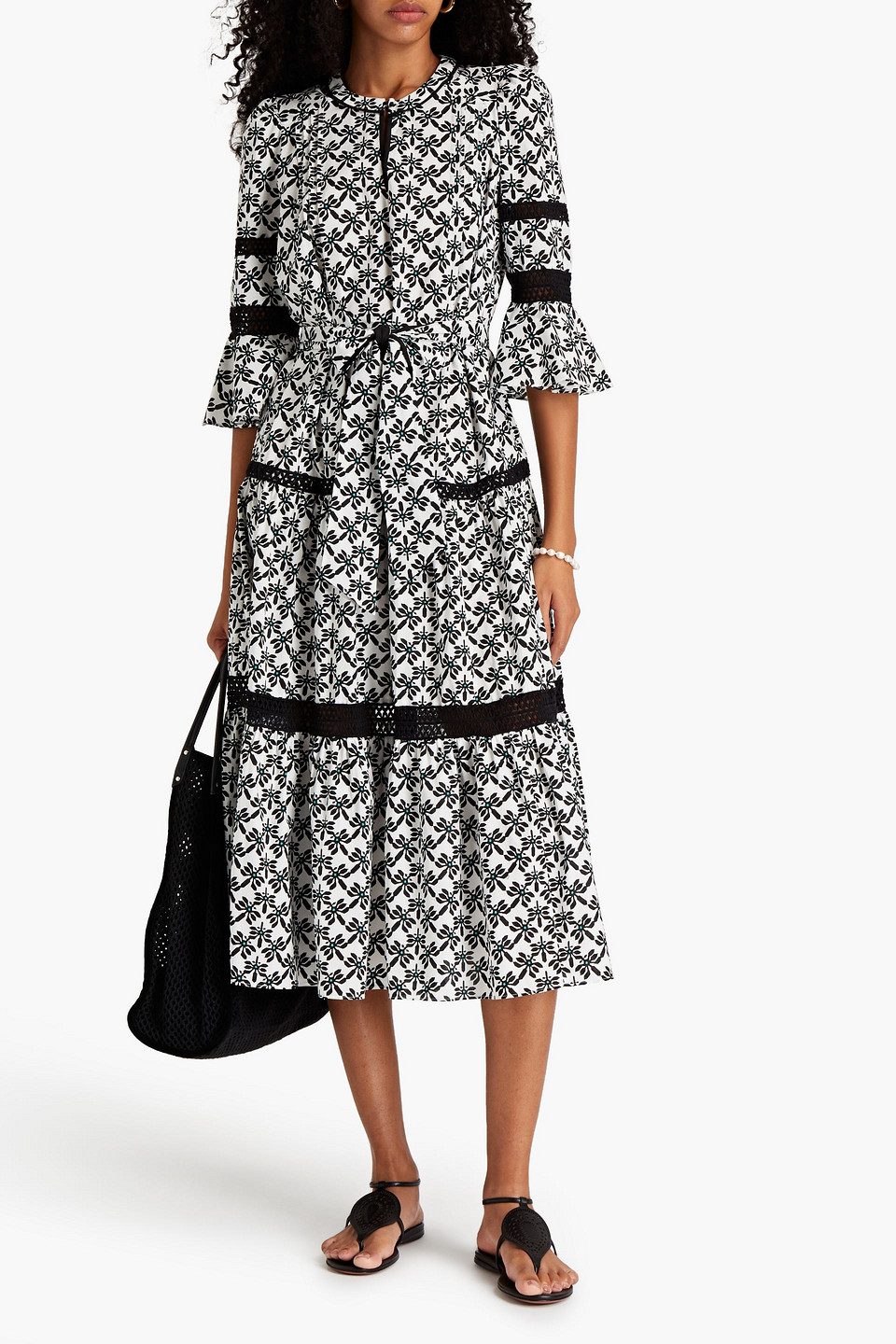 Diane Von Furstenberg Julia Lace-trimmed Pintucked Printed Cotton Midi Dress In Black