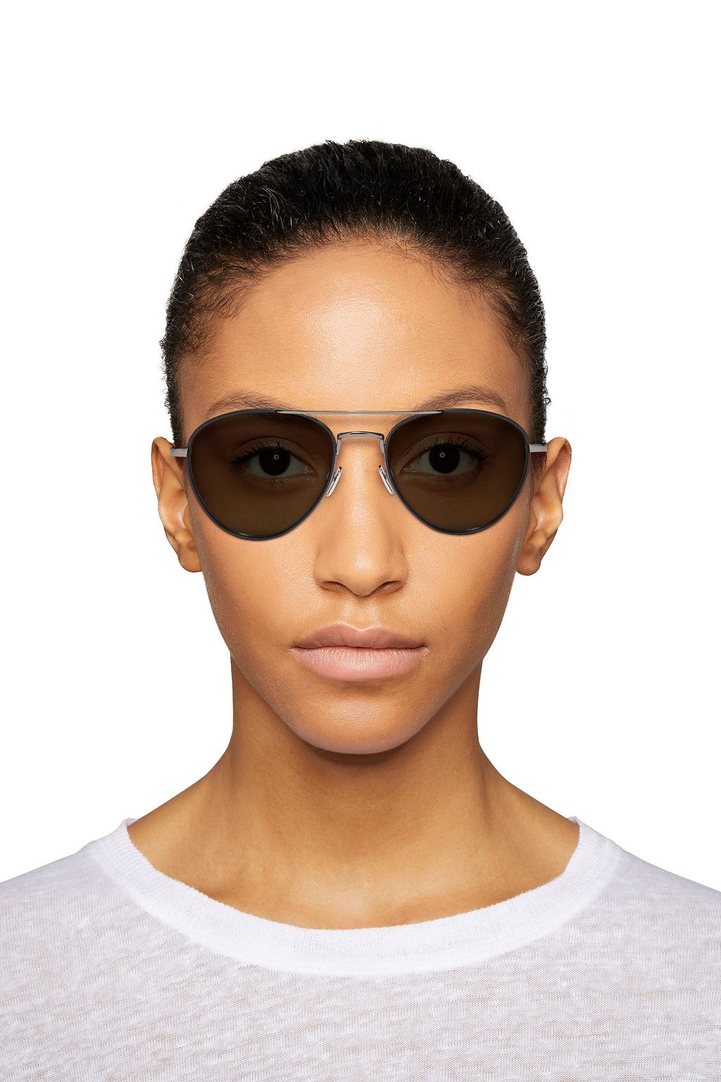 LINDA FARROW Aviator-style silver-tone and leather mirrored sunglasses
