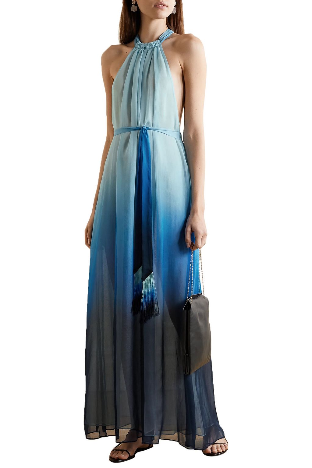 SIMKHAI Fringed ombré crinkled chiffon halterneck maxi dress