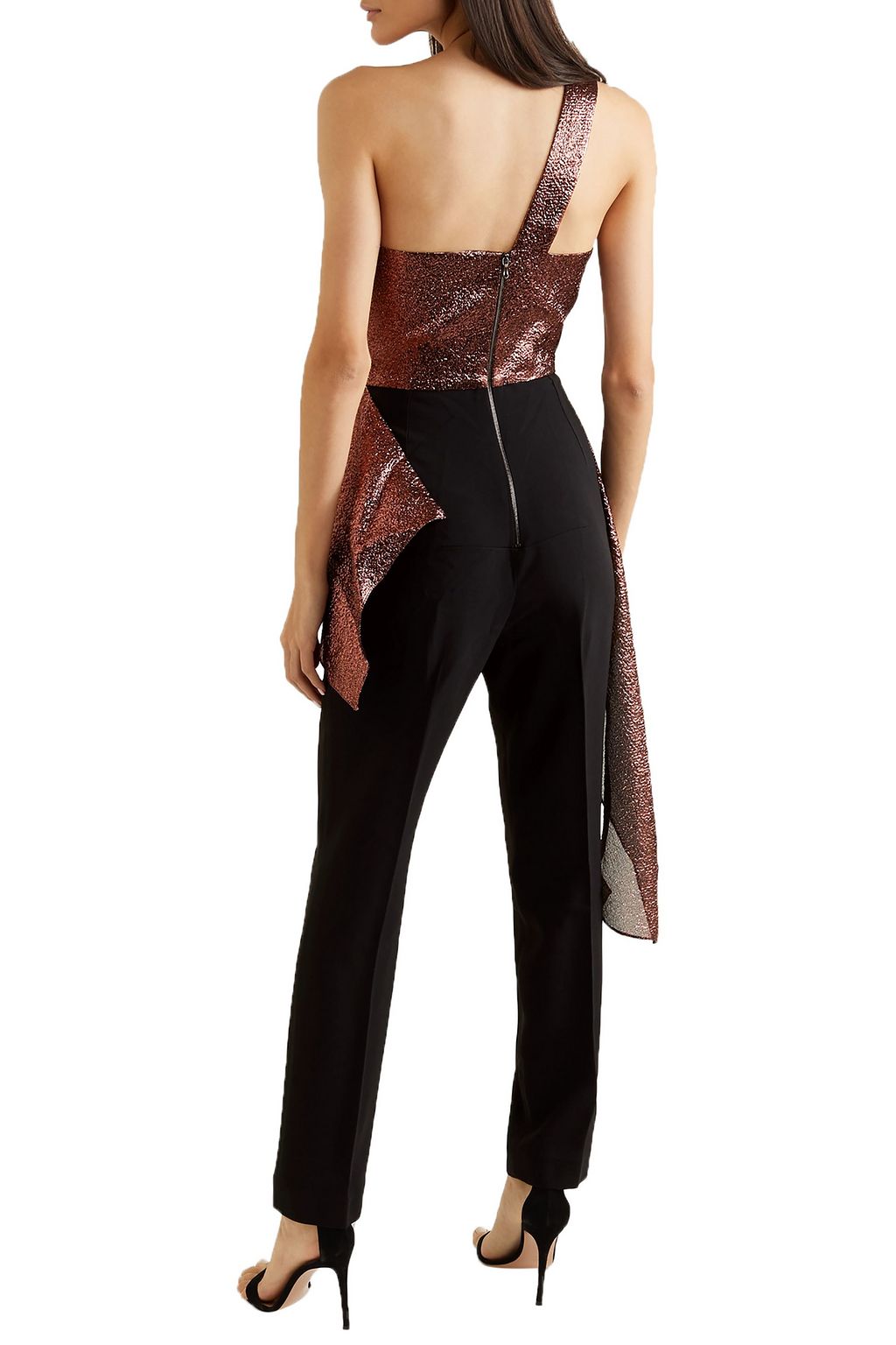 ROLAND MOURET One-shoulder asymmetric metallic textured-organza and crepe jumpsuit