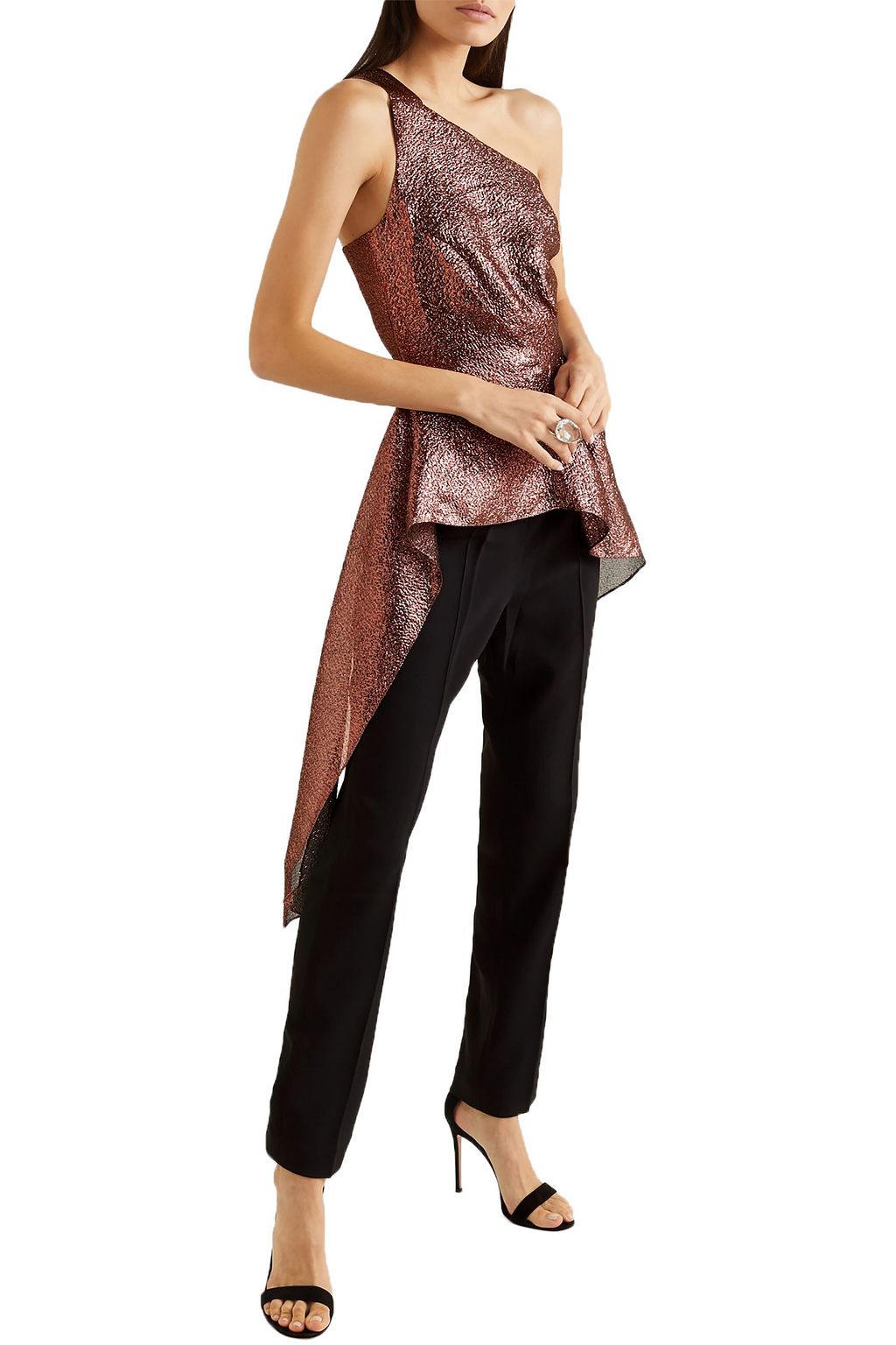 ROLAND MOURET One-shoulder asymmetric metallic textured-organza and crepe jumpsuit