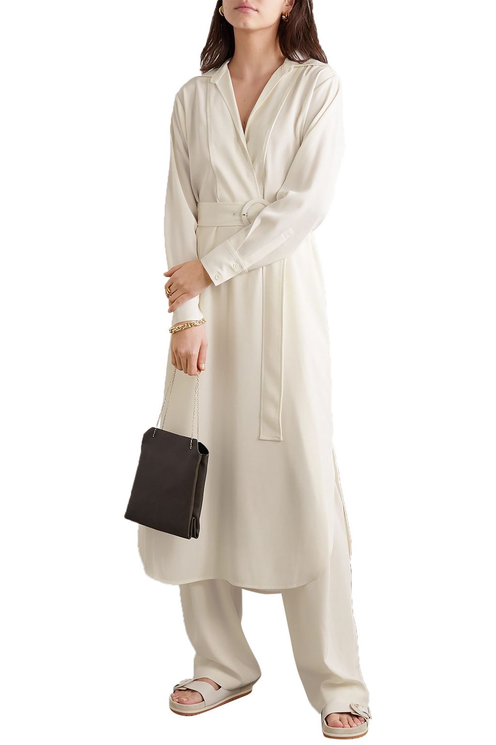 CO Belted wrap-effect satin-jersey midi shirt dress