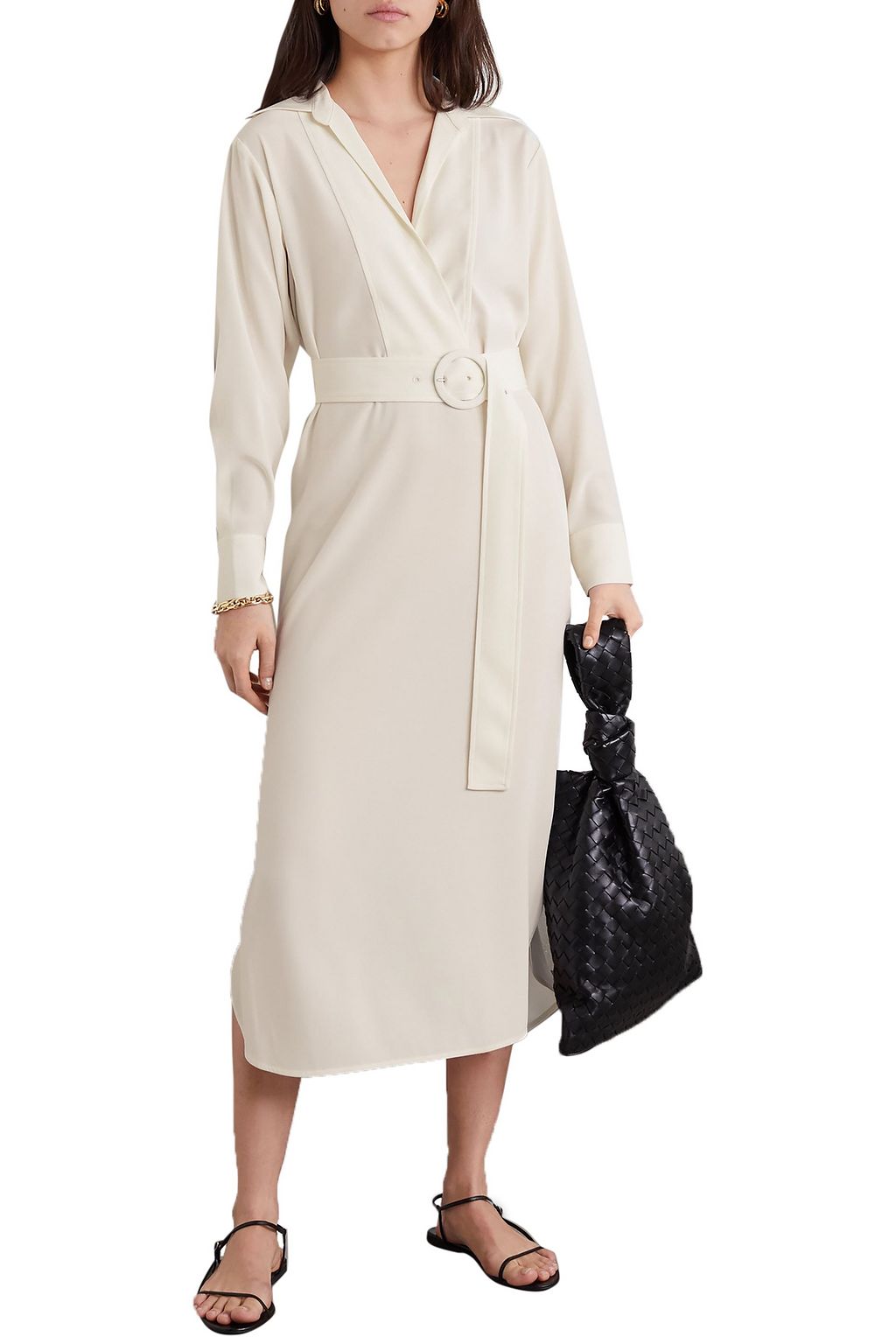 CO Belted wrap-effect satin-jersey midi shirt dress