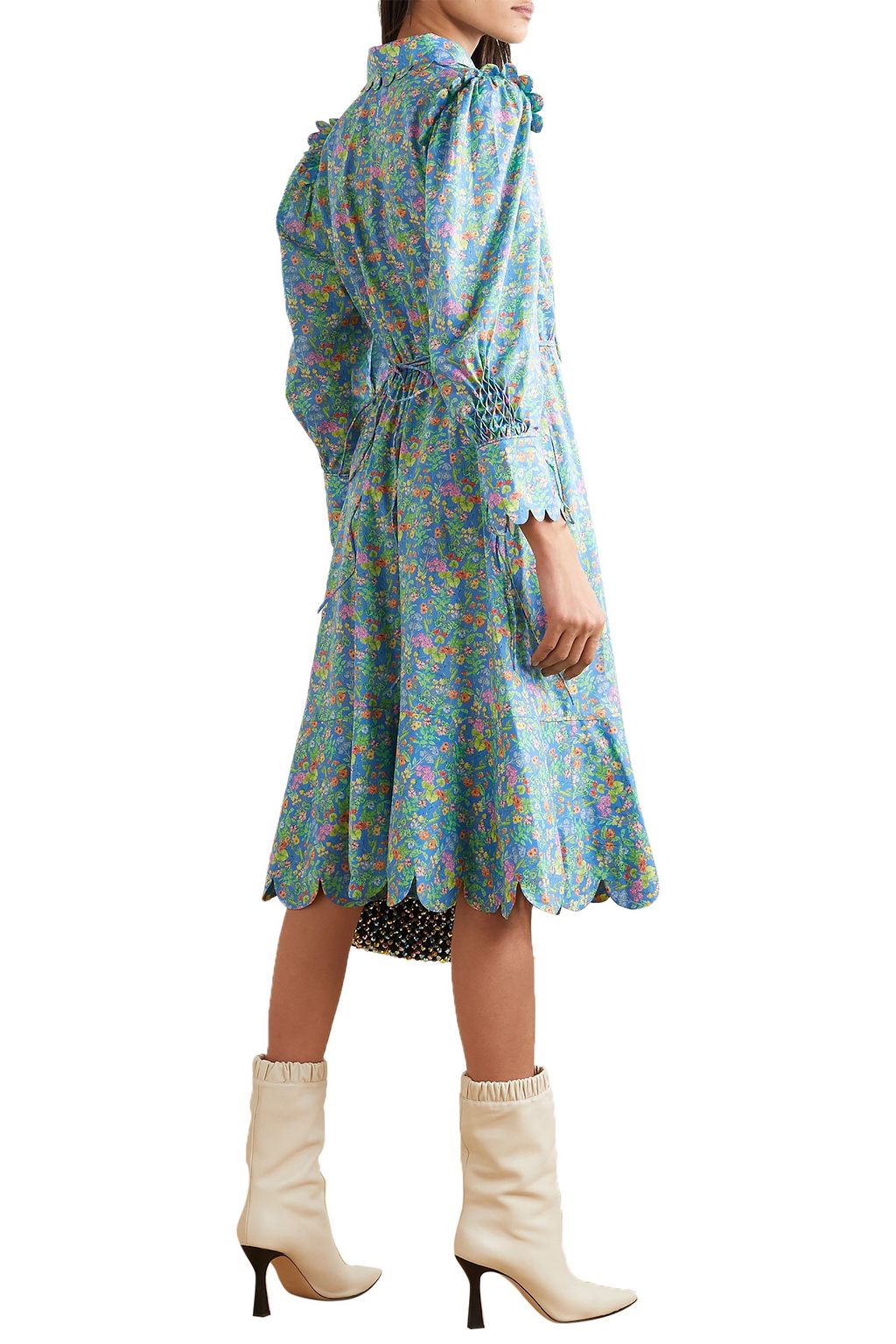 HORROR VACUI Electra lace-up scalloped floral-print cotton-poplin midi dress