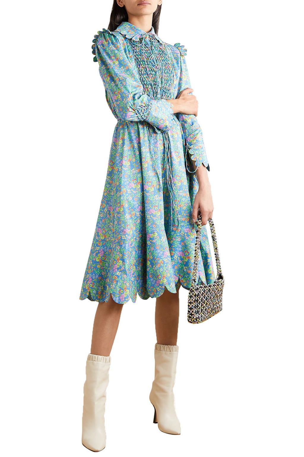 HORROR VACUI Electra lace-up scalloped floral-print cotton-poplin midi dress