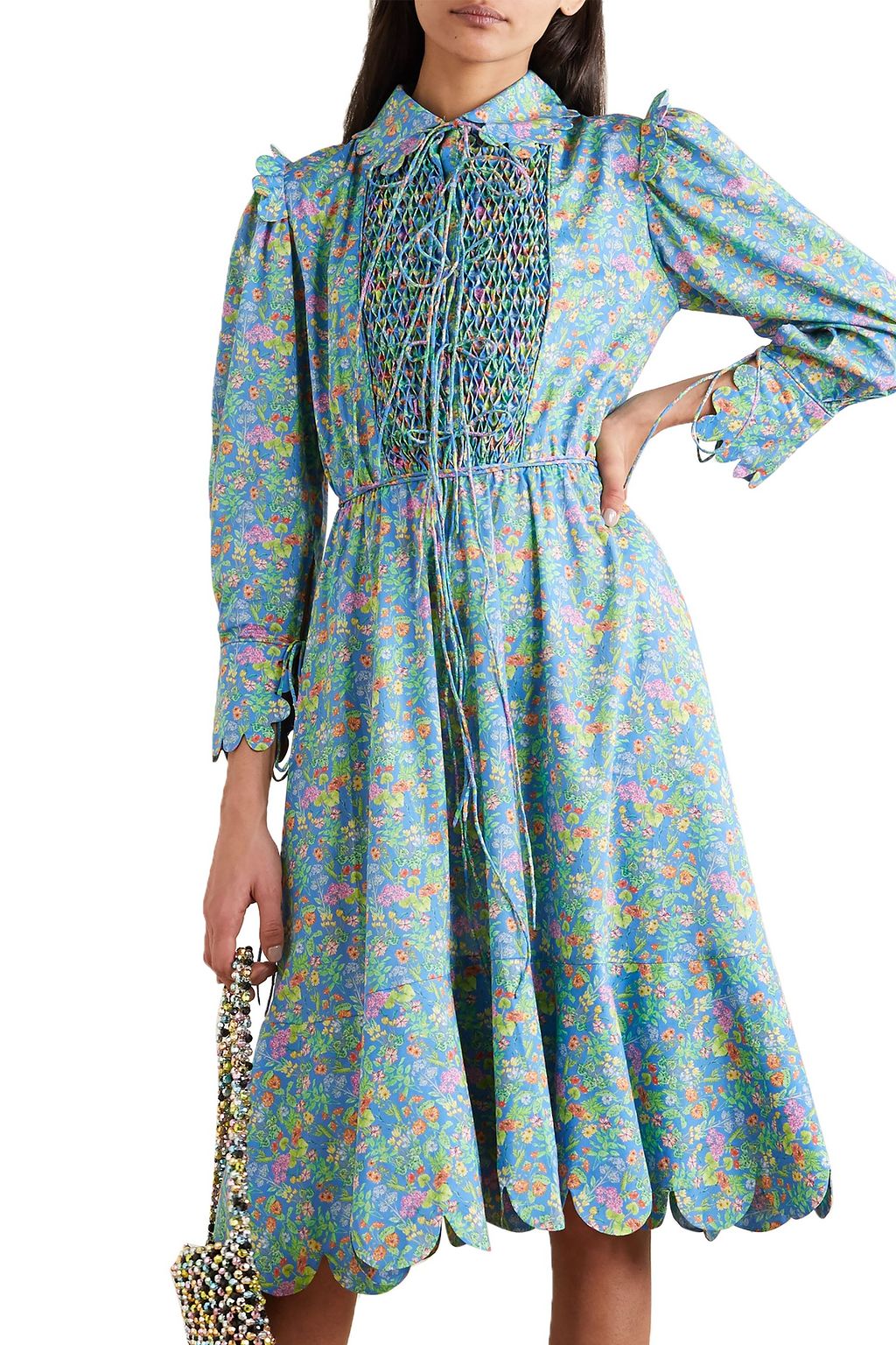 HORROR VACUI Electra lace-up scalloped floral-print cotton-poplin midi dress