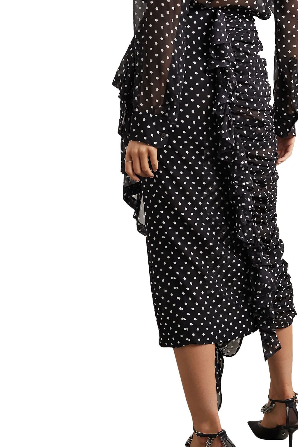 DRIES VAN NOTEN Asymmetric ruched polka-dot silk-georgette midi skirt