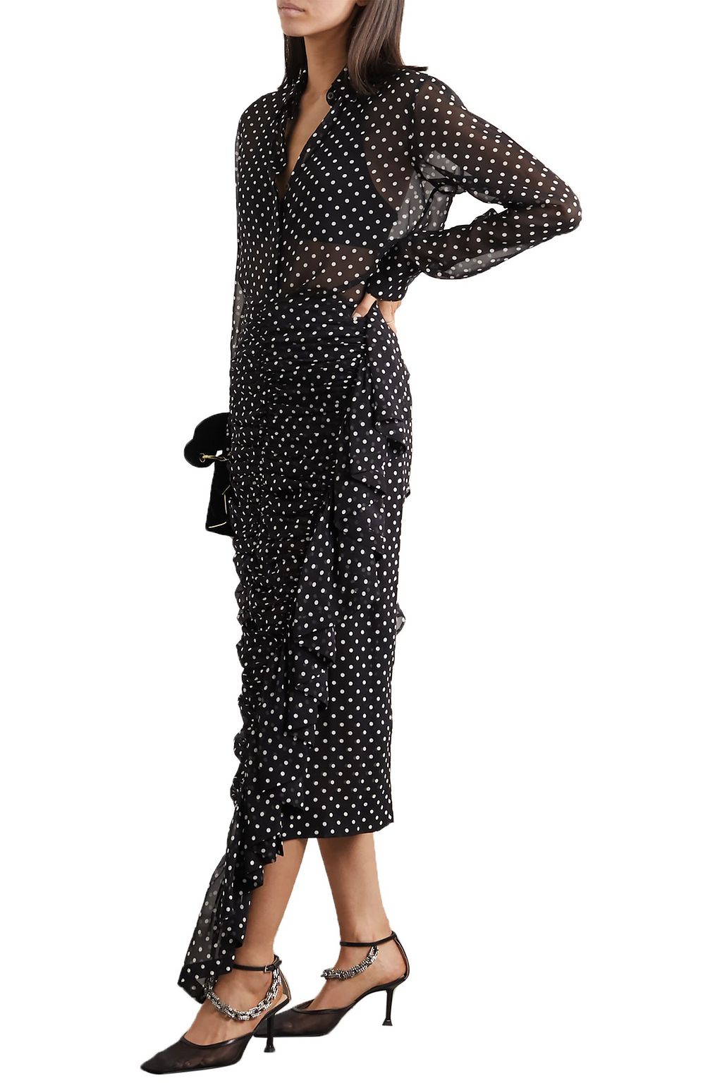 DRIES VAN NOTEN Asymmetric ruched polka-dot silk-georgette midi skirt