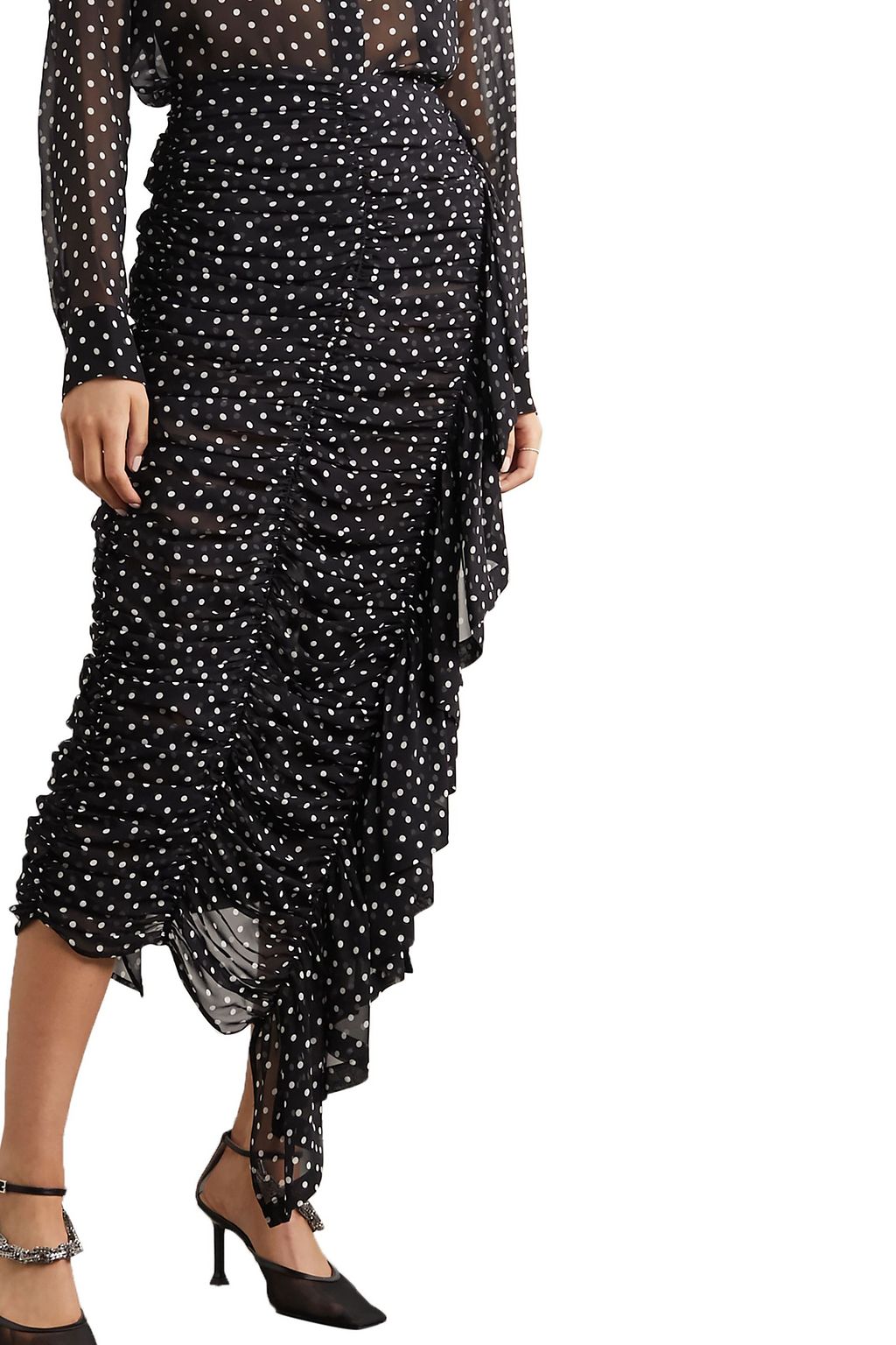DRIES VAN NOTEN Asymmetric ruched polka-dot silk-georgette midi skirt