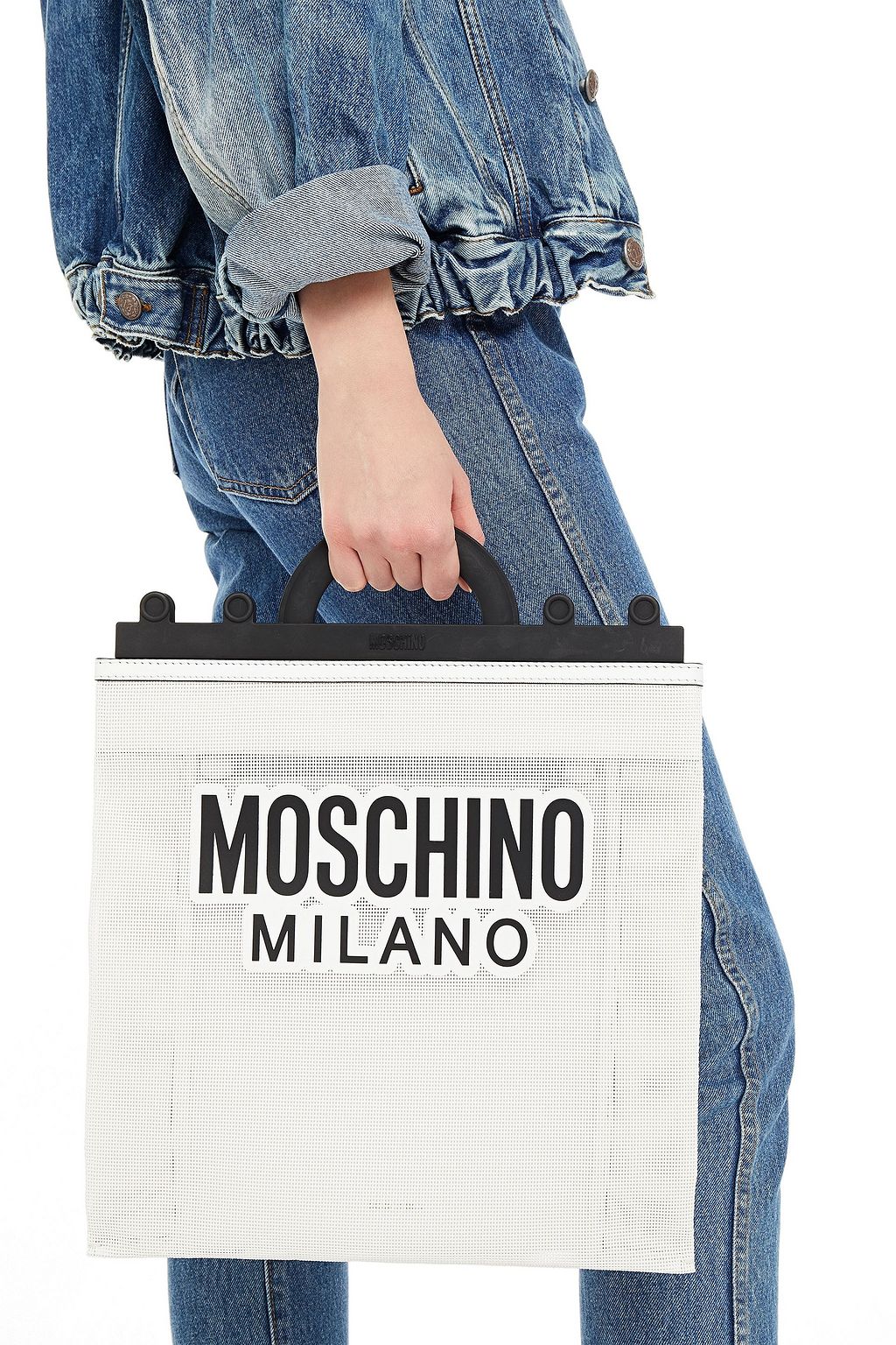 MOSCHINO Leather-trimmed logo-print mesh shoulder bag