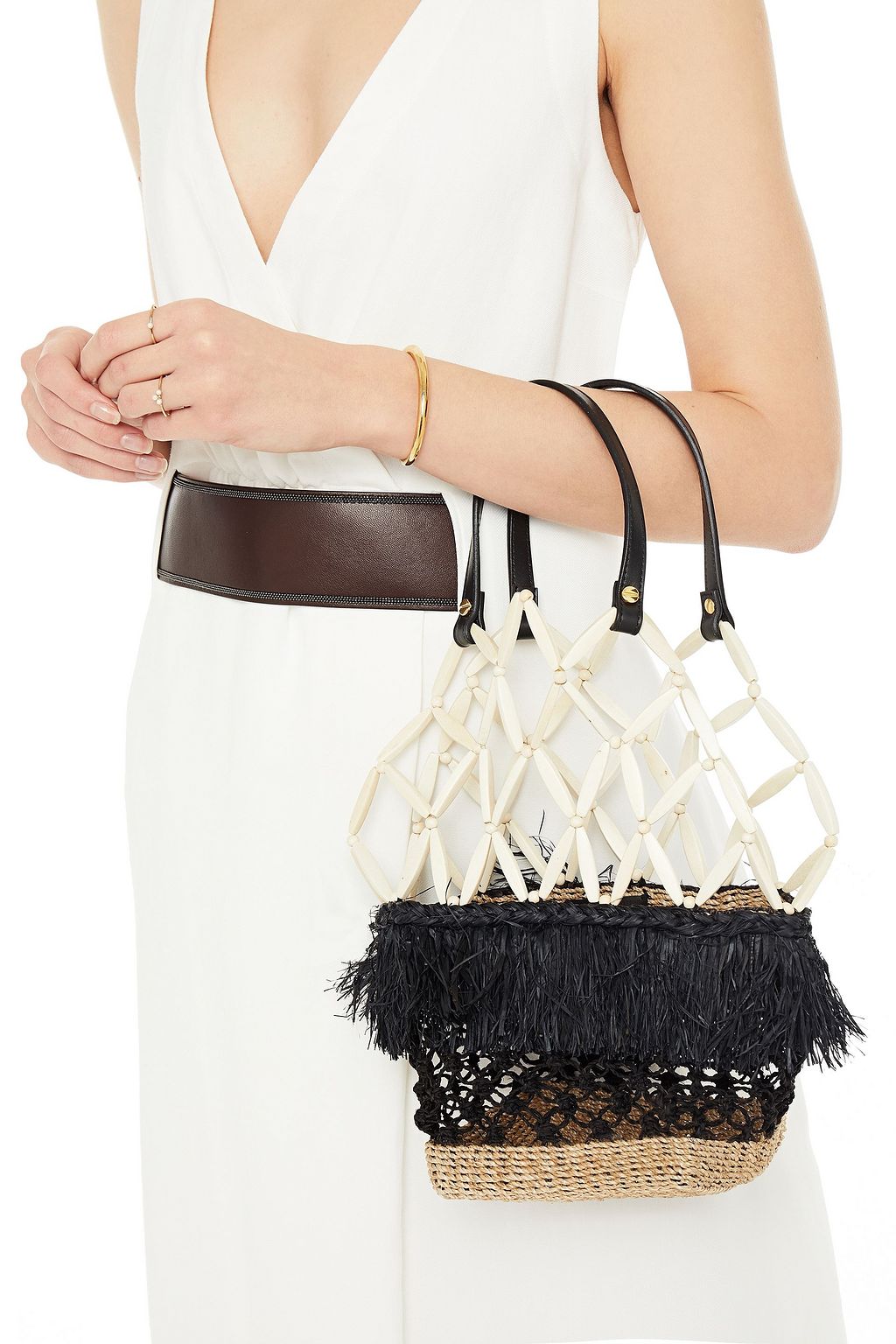 ARANÁZ Lambat bead-embellished raffia macramé bucket bag