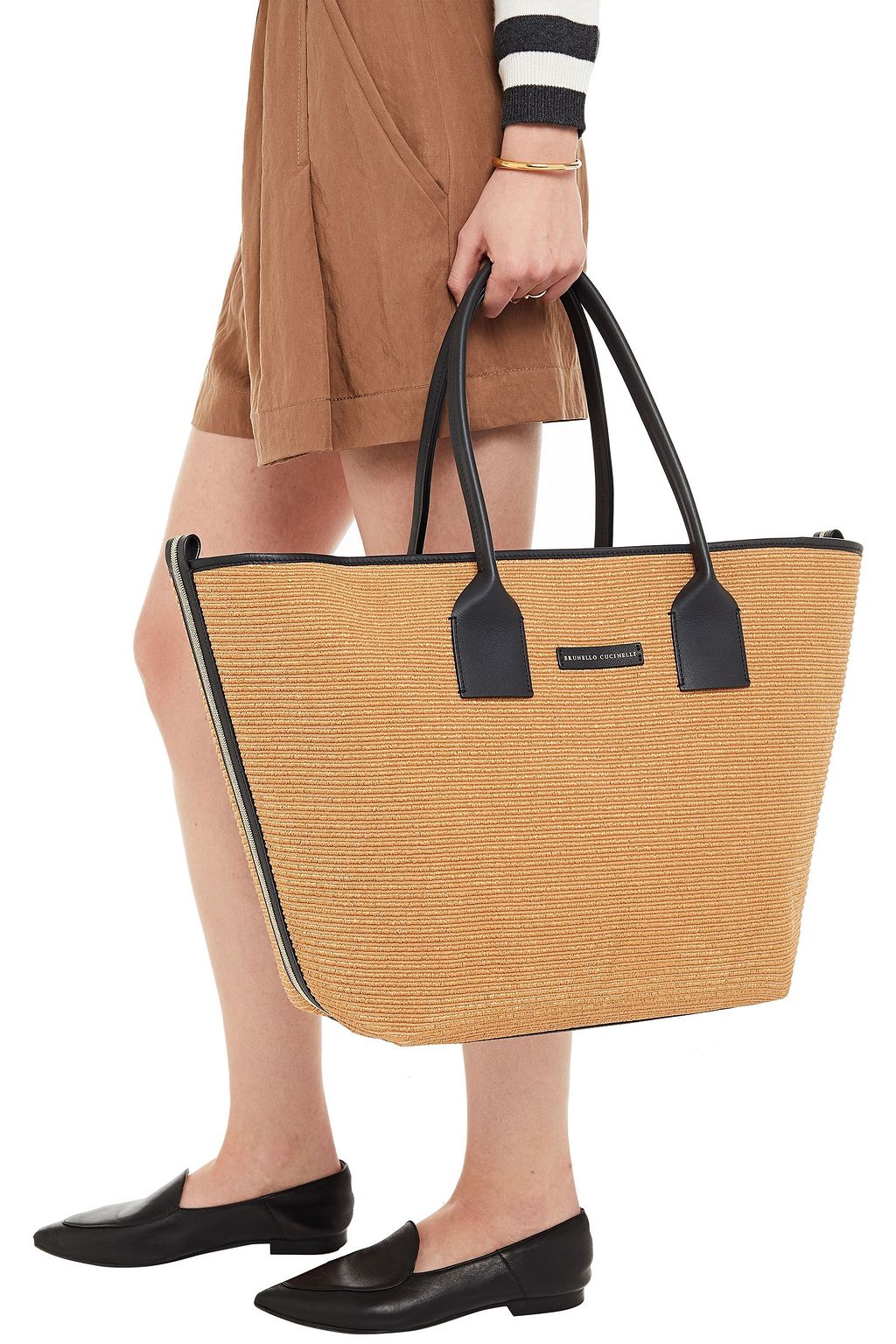 BRUNELLO CUCINELLI Bead-embellished faux raffia and leather tote