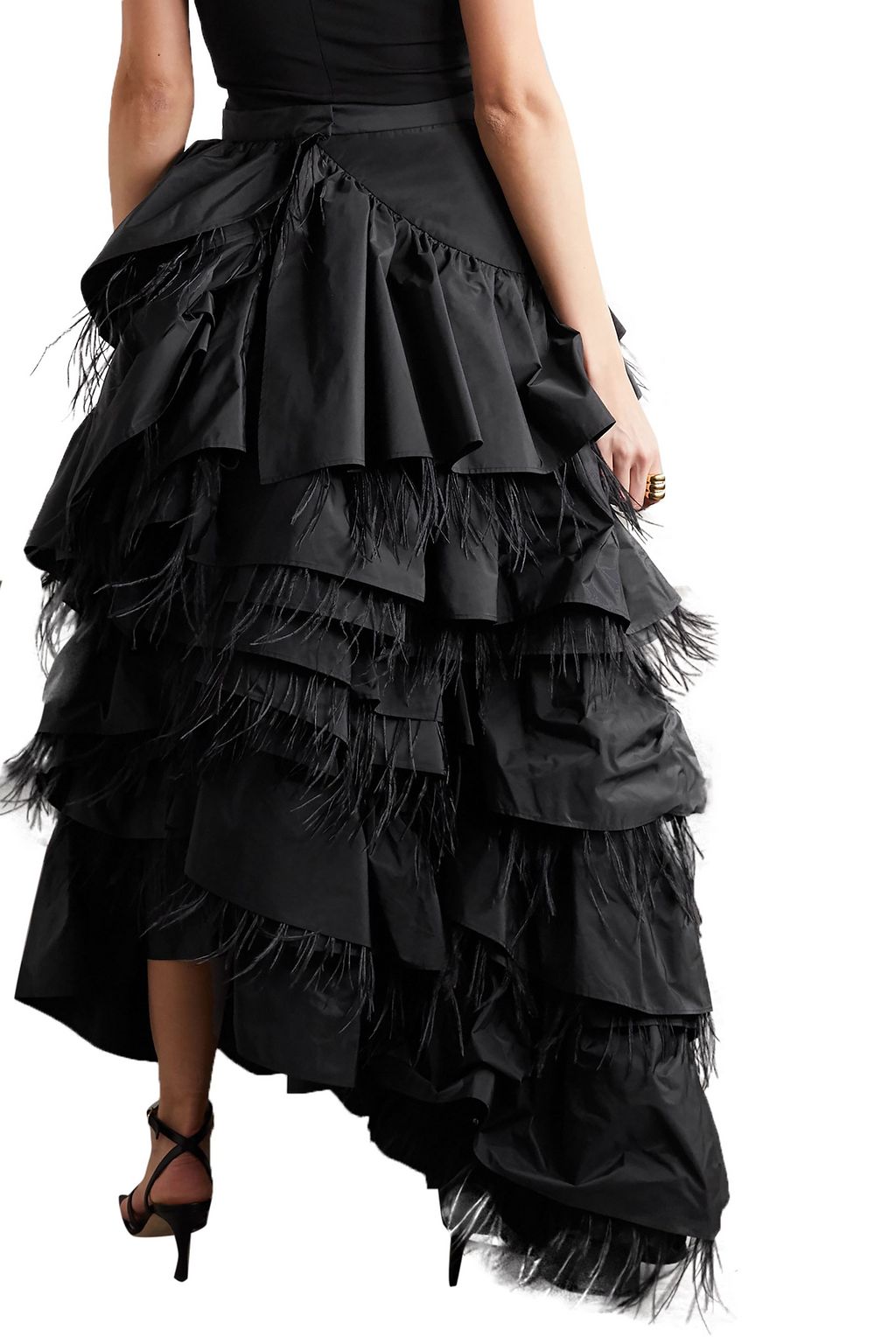 DRIES VAN NOTEN Feather-trimmed ruffled taffeta maxi skirt