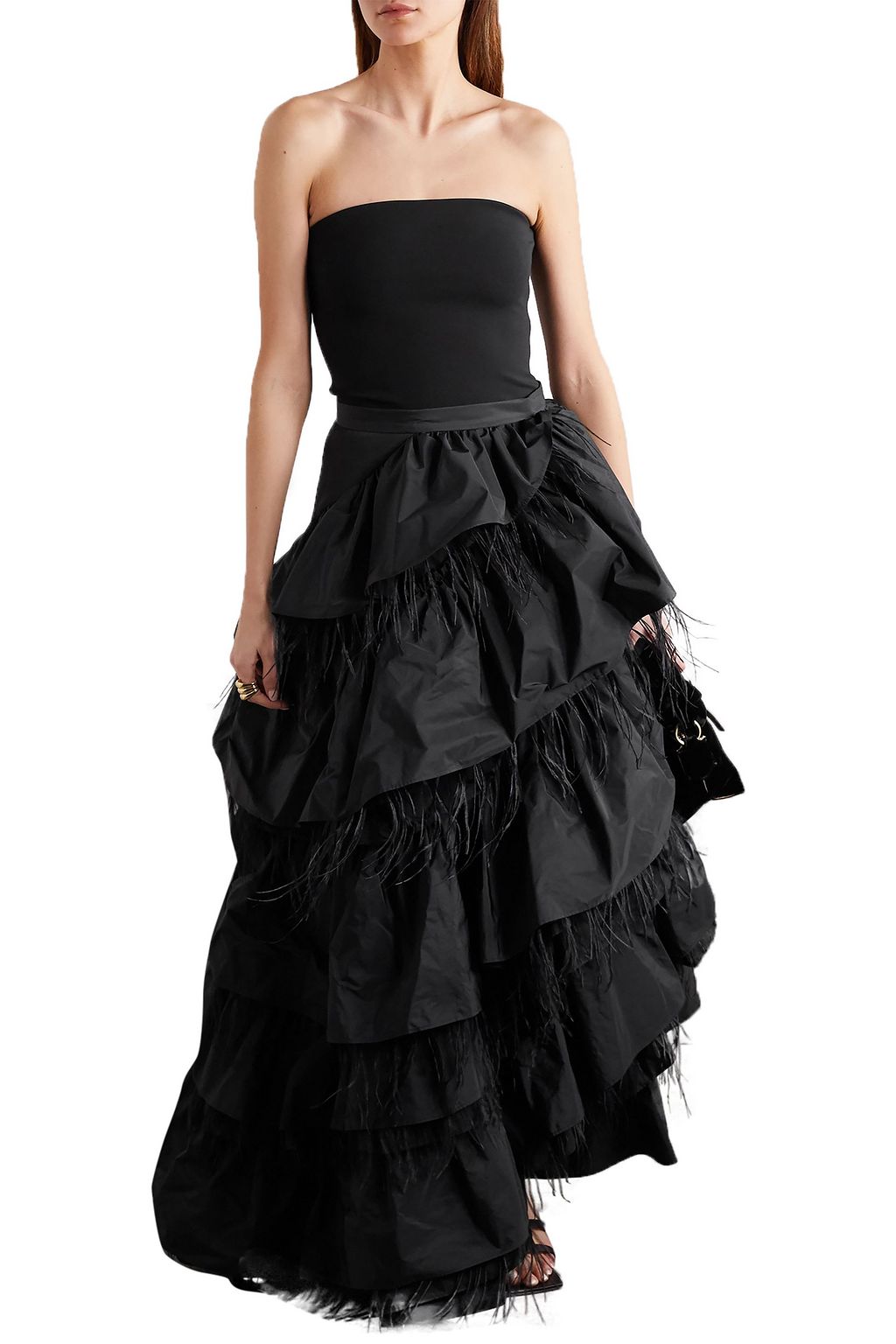 DRIES VAN NOTEN Feather-trimmed ruffled taffeta maxi skirt