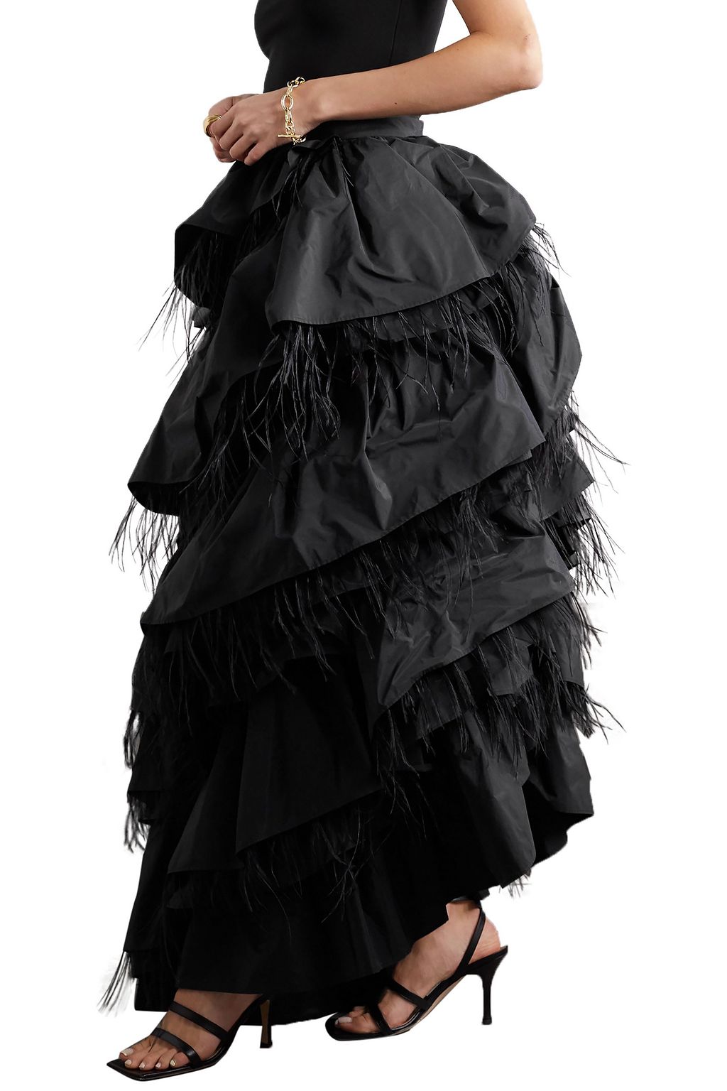 DRIES VAN NOTEN Feather-trimmed ruffled taffeta maxi skirt