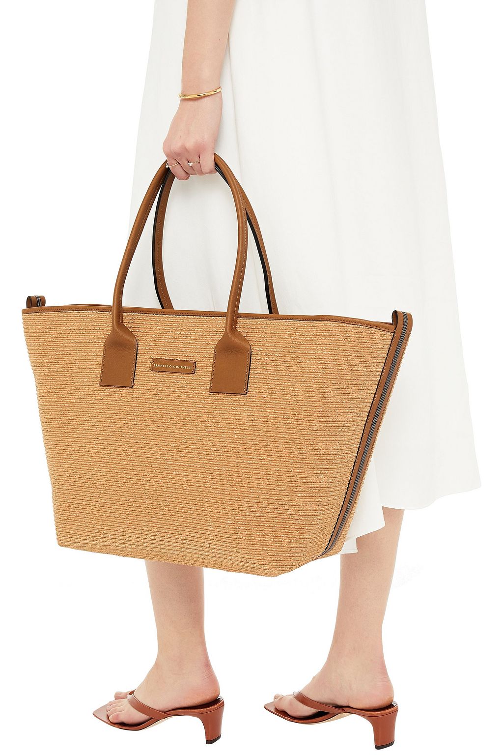 BRUNELLO CUCINELLI Tote Bag aus Leder und Raffiabastimitat  mit Zierperlen