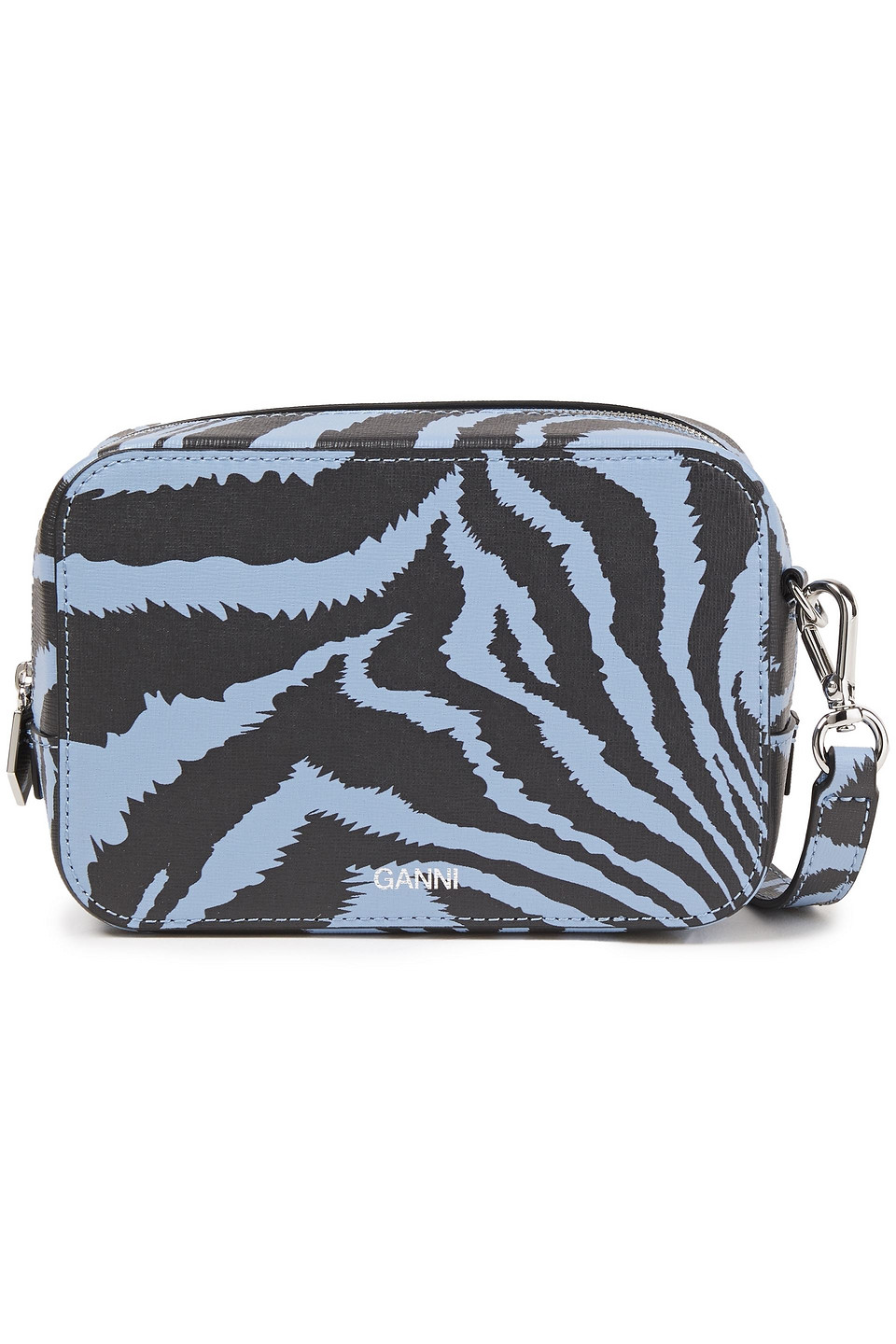ganni - tiger-print textured-leather shoulder bag - blue - onesize