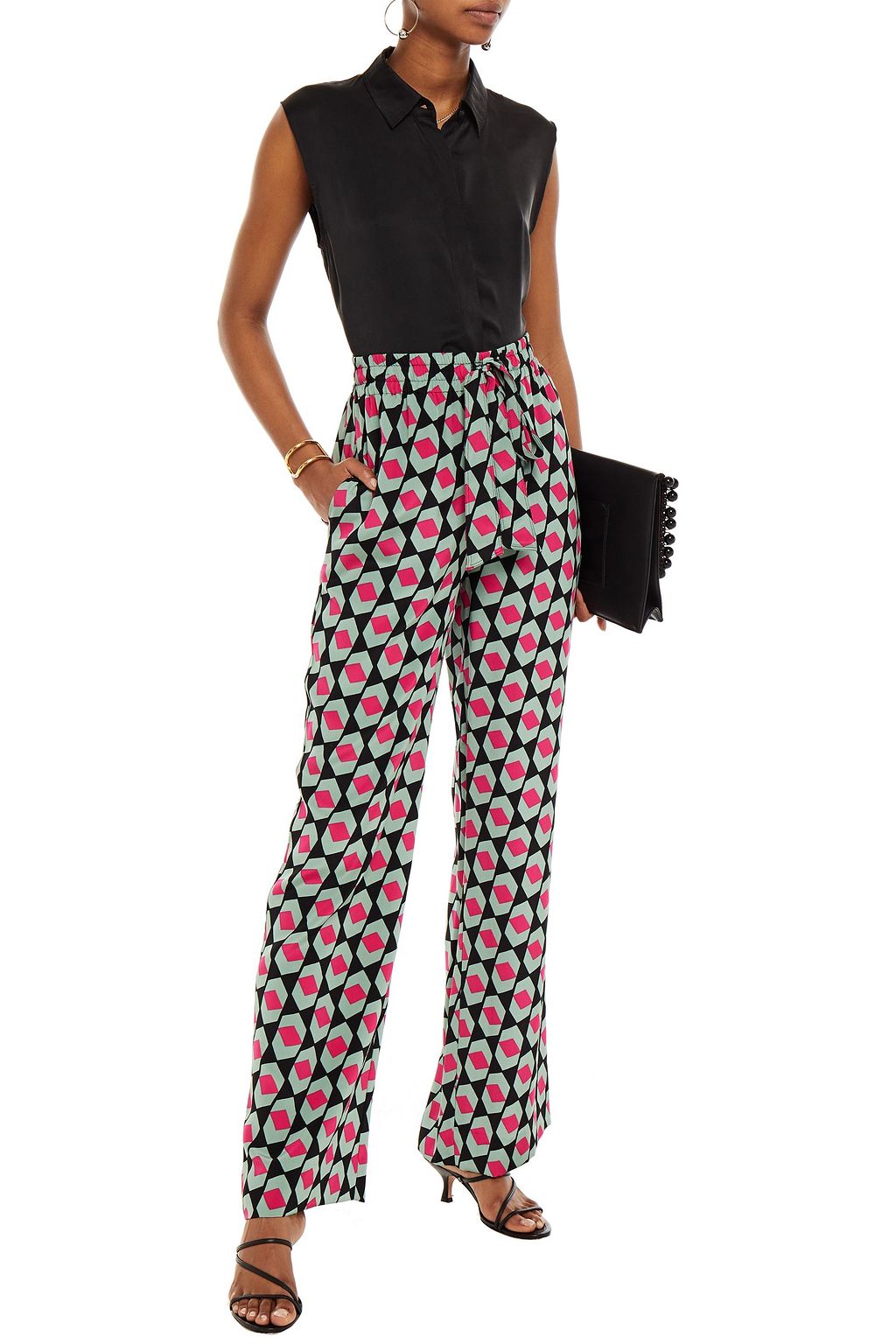 DIANE VON FURSTENBERG Belted printed silk crepe de chine wide-leg pants