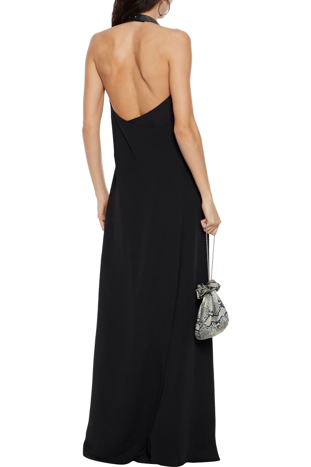 BRUNELLO CUCINELLI Leather-trimmed bead-embellished crepe halterneck gown