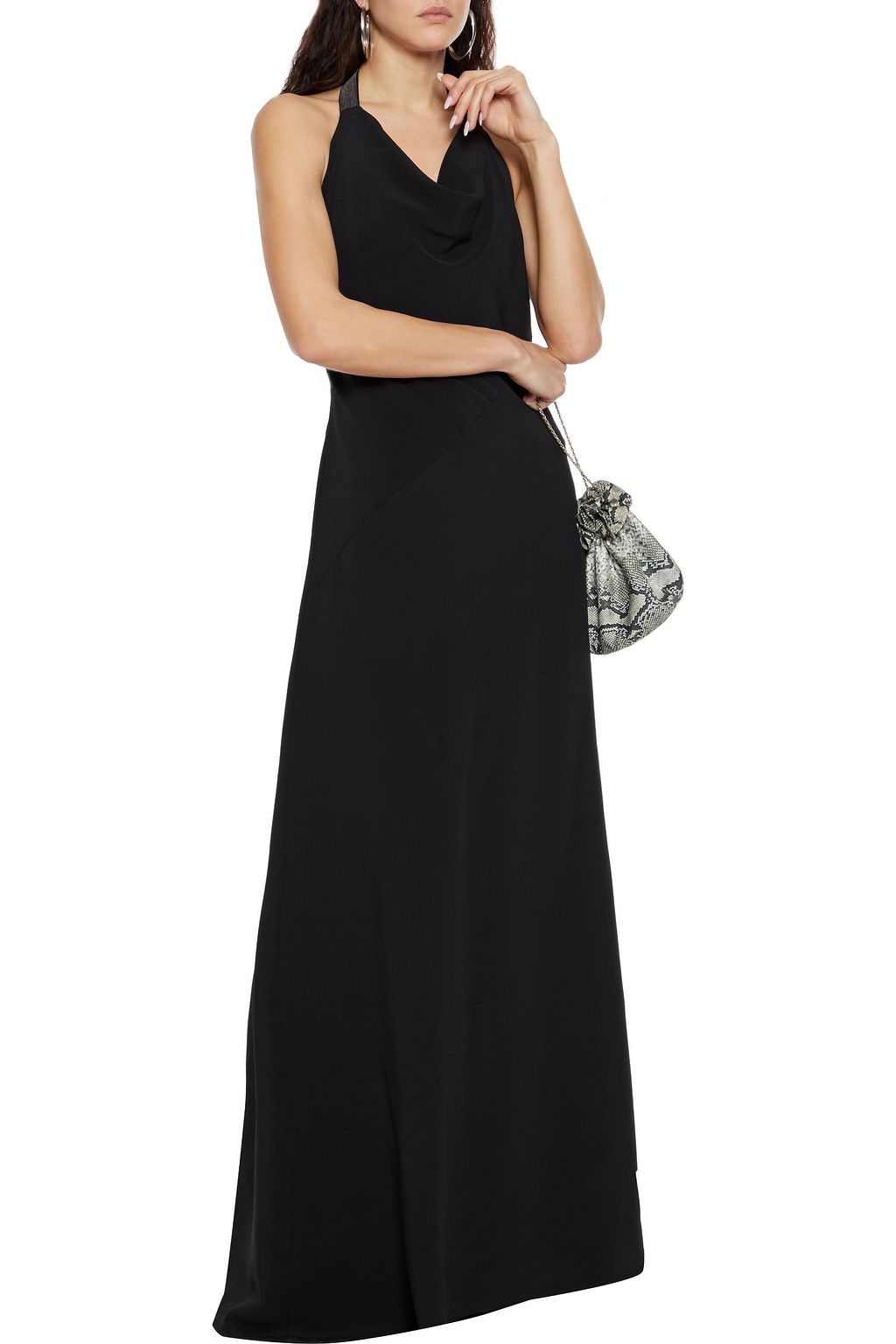 BRUNELLO CUCINELLI Leather-trimmed bead-embellished crepe halterneck gown