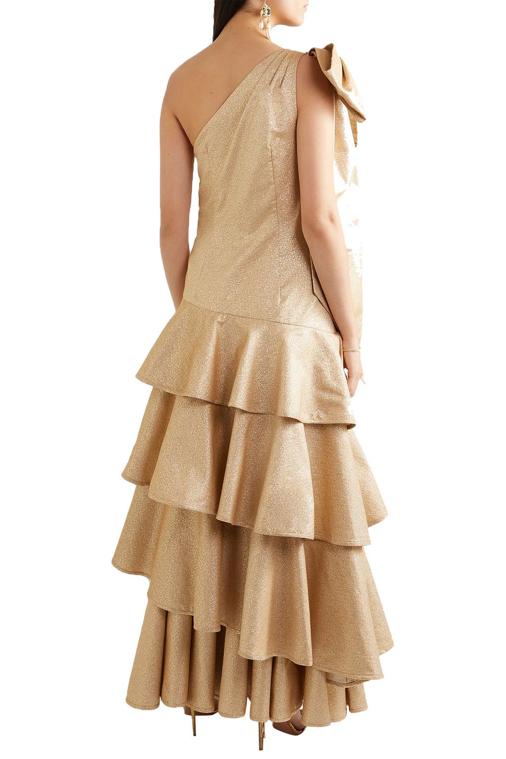 ANNA MASON Nancy one-shoulder bow-embellished tiered metallic crepe maxi dress