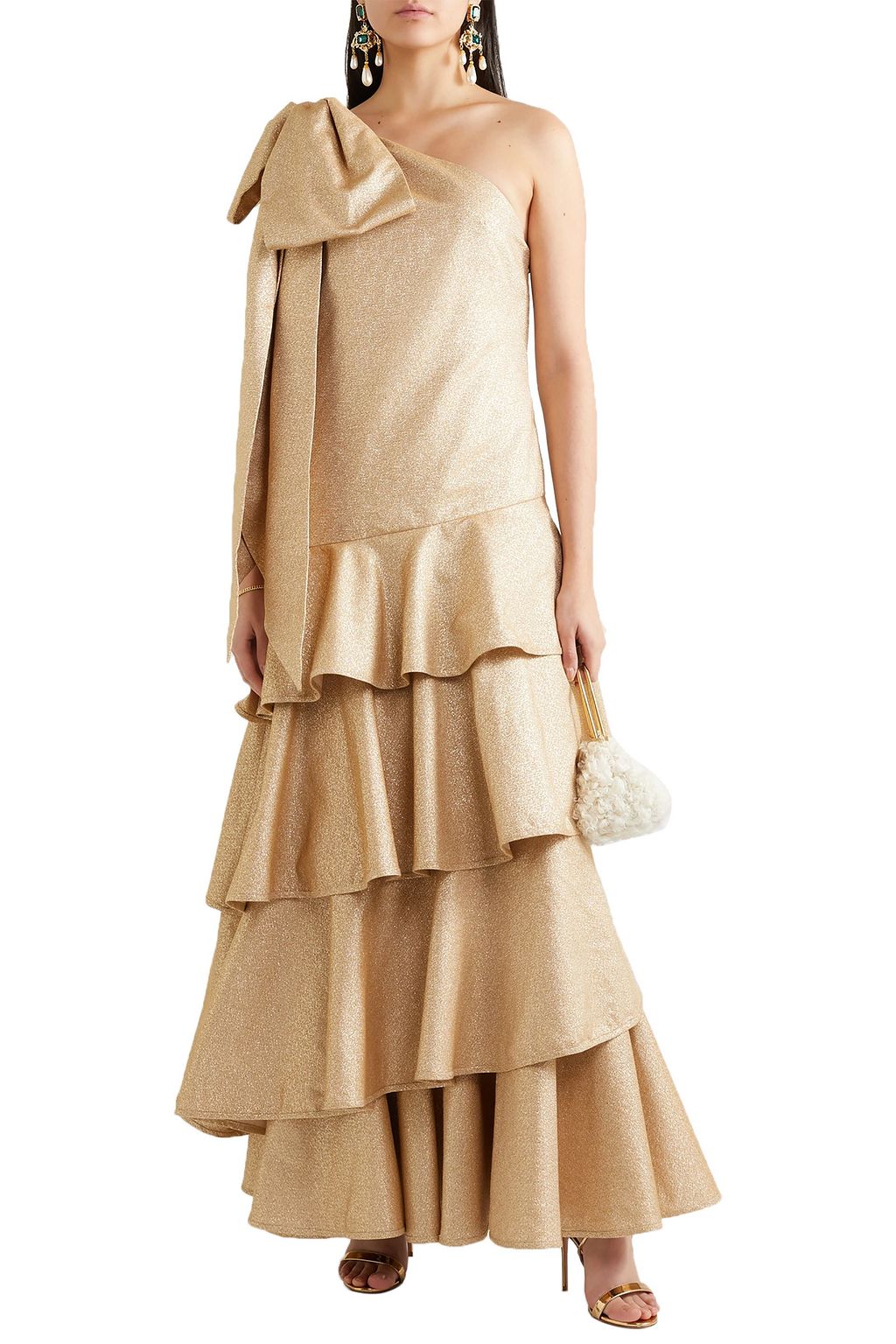 ANNA MASON Nancy one-shoulder bow-embellished tiered metallic crepe maxi dress