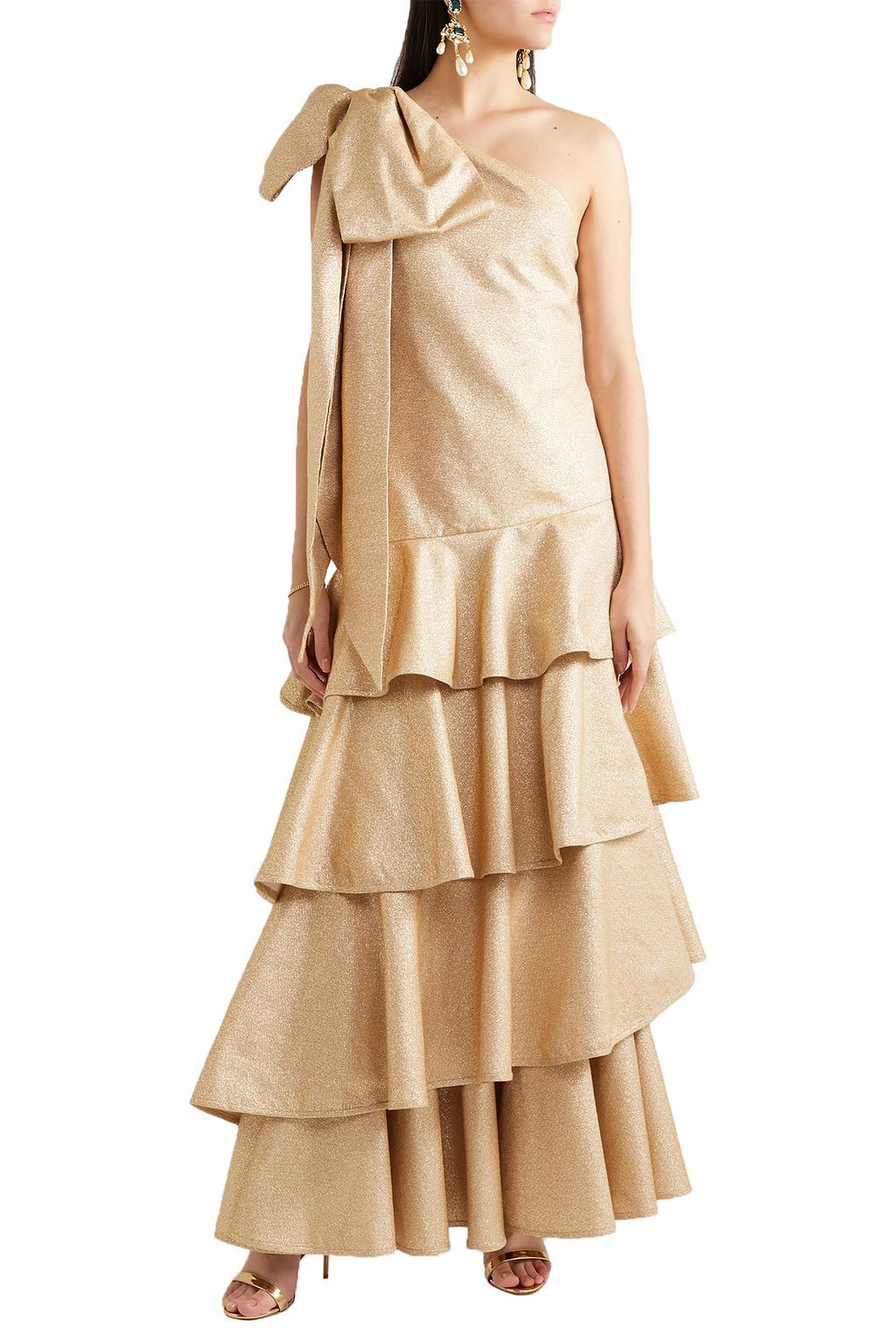 ANNA MASON Nancy one-shoulder bow-embellished tiered metallic crepe maxi dress