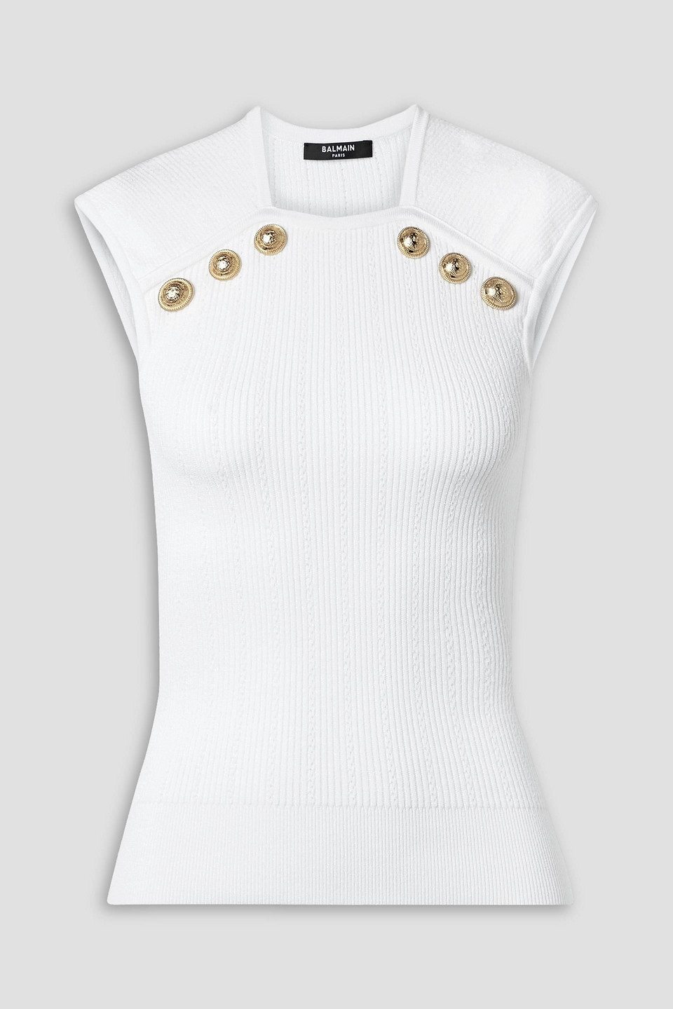 Balmain Button-embellished Knitted Cropped Top In Weiss