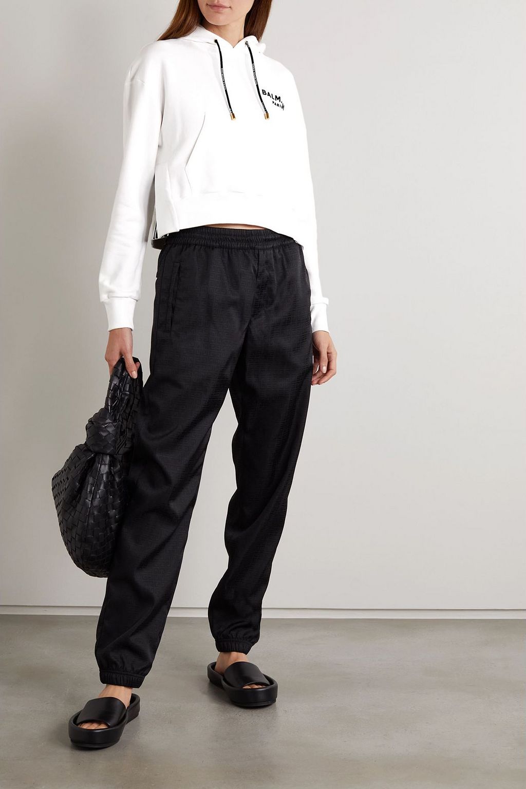 BALMAIN Cropped flocked cotton-jersey hoodie