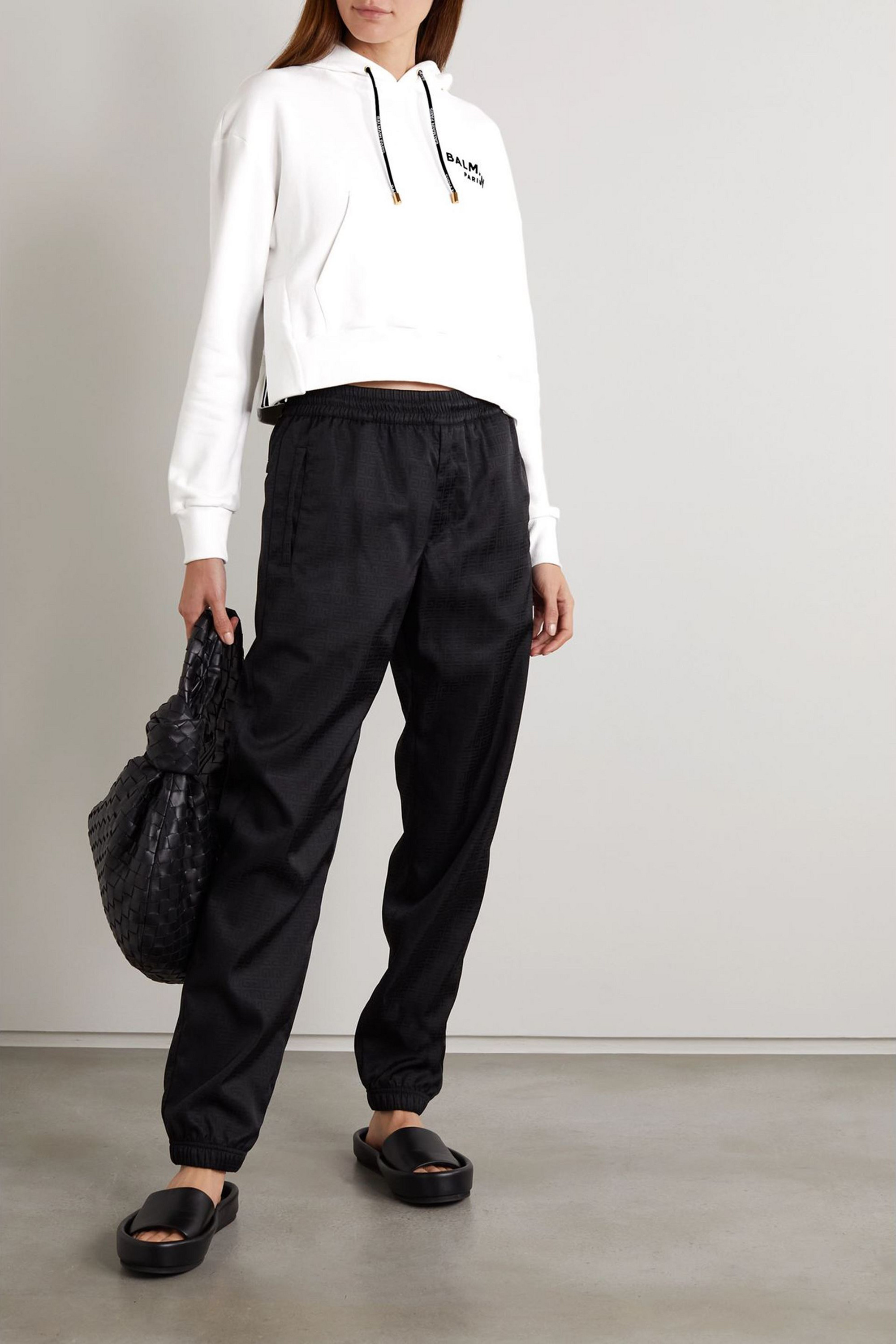 Balmain Cropped flocked cotton-jersey hoodie