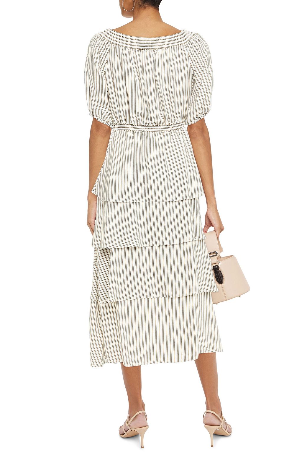 MAJE Gathered tiered striped woven midi dress