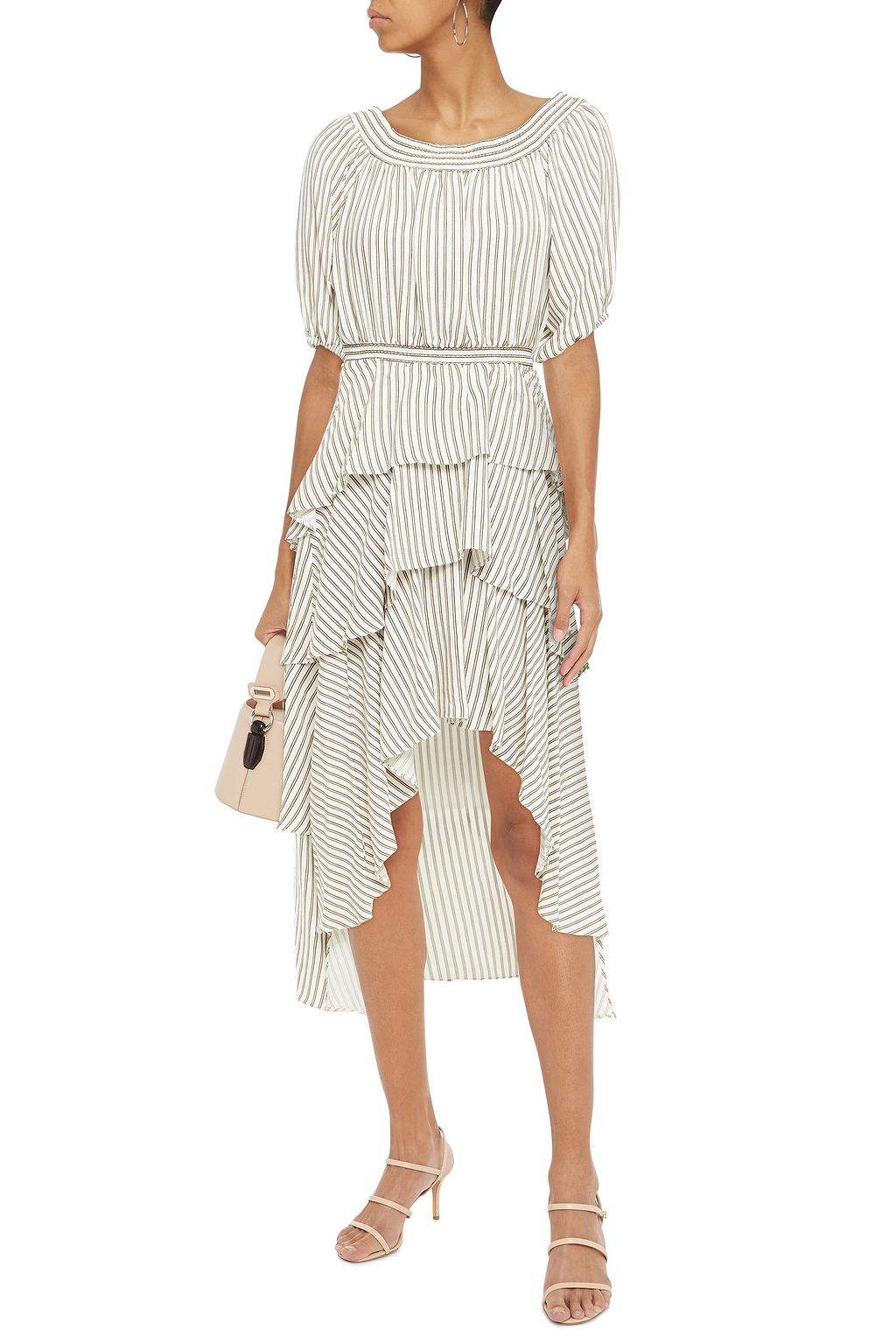 MAJE Gathered tiered striped woven midi dress
